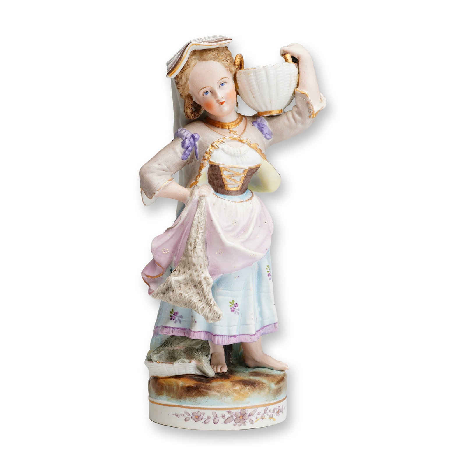 Conta e Boehme Bisque Figurine of a Fisherwoman: A fine German hard-paste porcelain figurine produced by the Conta e Boehme Porcelain Manufactory, depicting a fisherwoman in traditional folk attire. The figure is expertly modeled, shown standing bar