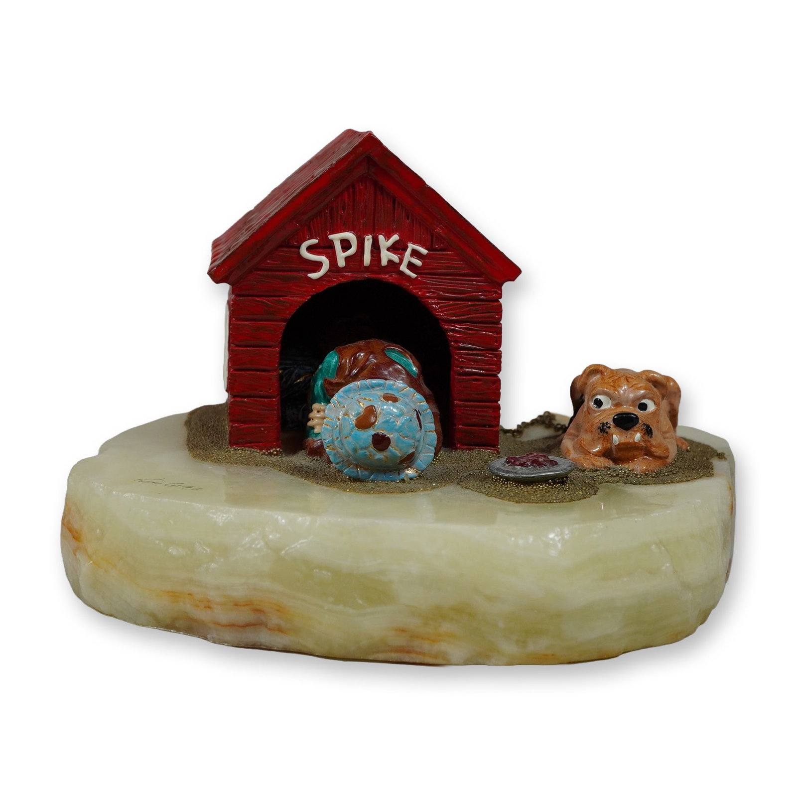 Ron Lee 1992 Spike's Uninvited Guest Clown Sculpture: Ron Lee (American, 1947-2017). Hand-painted metal sculpture on a polished natural onyx base, titled Spike's Uninvited Guest. The scene features a character in a blue patterned hat and green attire cra