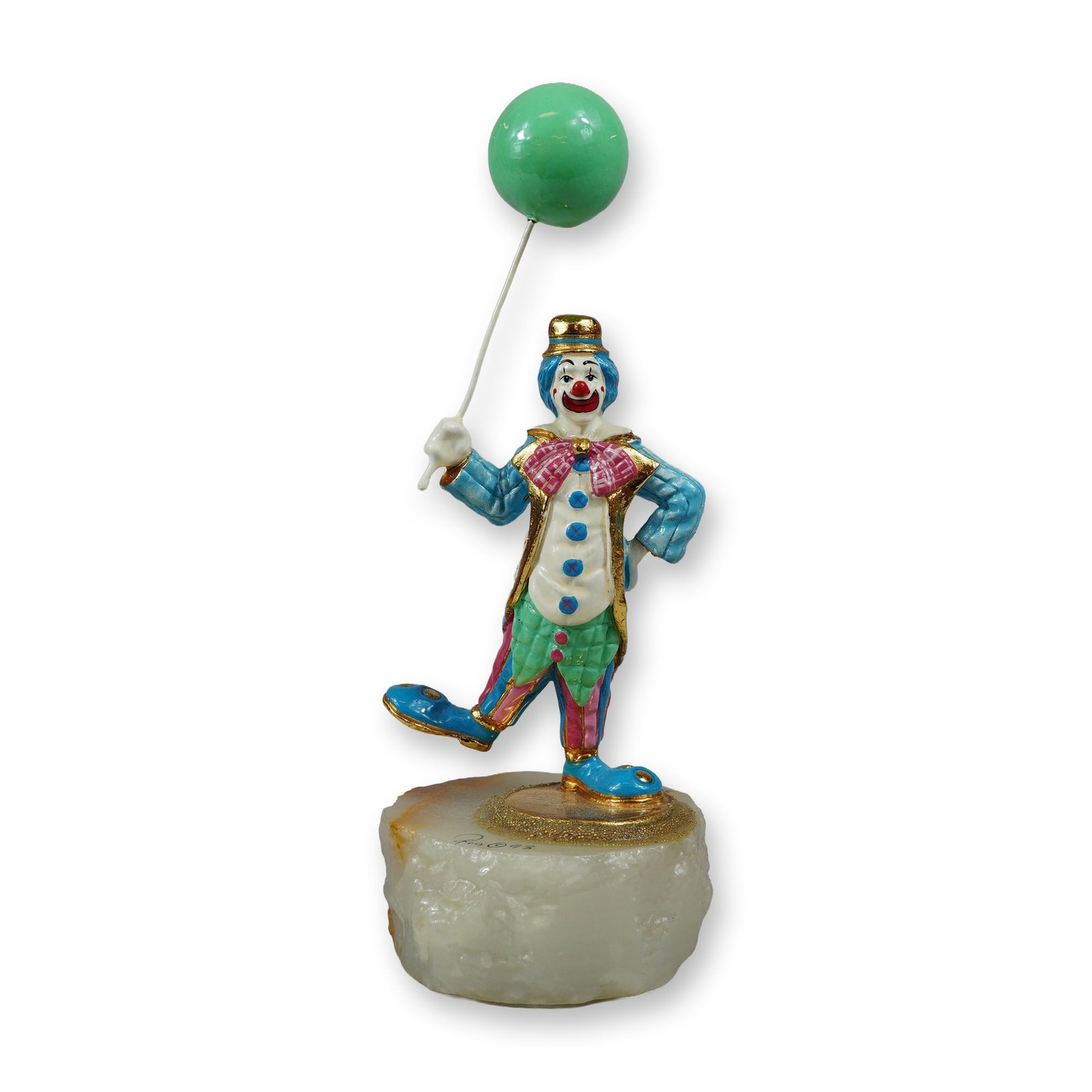 Ron Lee Signed Enameled Metal Bo-Bo Clown Figurine: Ron Lee (American, 1947-2017). Hand-painted cold-cast enameled pewter figurine titled Bo-Bo, depicting a clown in a blue striped tailcoat, plaid bow tie, and checkered trousers holding a green balloon