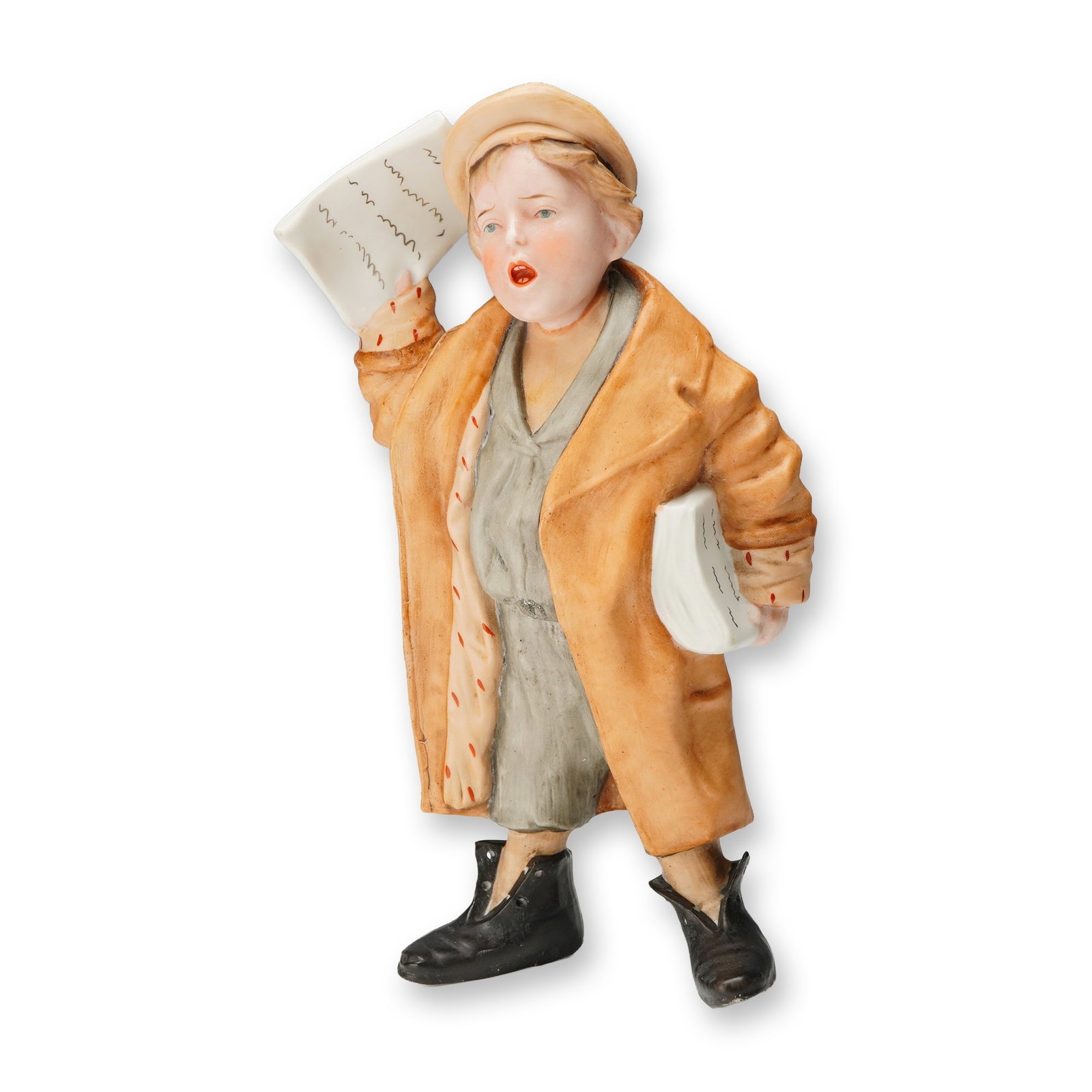 Himark Old World Original HEI Porcelain Newspaper Boy Figurine: A single glazed and painted porcelain figurine attributed to the Himark Old World Original HEI line. The piece depicts a young boy modeled in the European genre style, likely representing a newsboy or