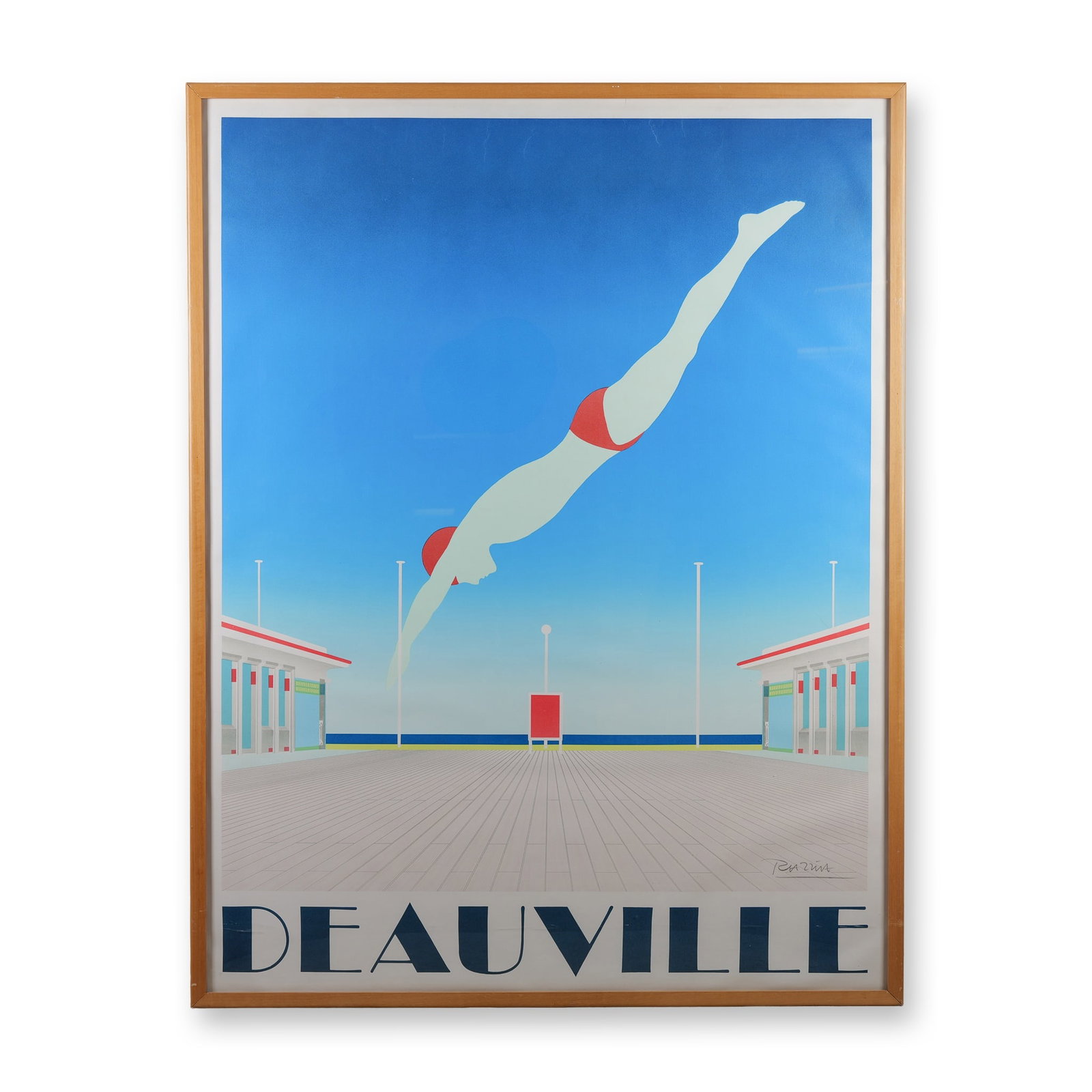 Razzia, Original Art Deco Poster, Deauville, Signed: A striking Art Deco-style lithograph poster by the renowned French graphic artist Razzia, titled Deauville. This work features a bold and elegant composition depicting a diver in mid-air, clad in a re