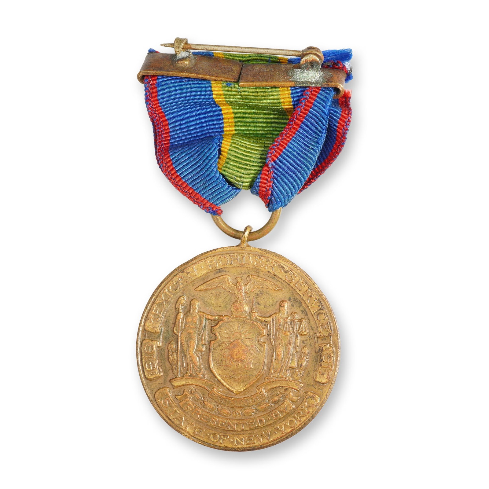 New York State Mexican Border Service Medal, 1916-1917: New York State Mexican Border Service Medal, authorized in 1917 for National Guard service during the 1916-1917 Punitive Expedition. Brass construction with a bronze gilt finish. The obverse features 