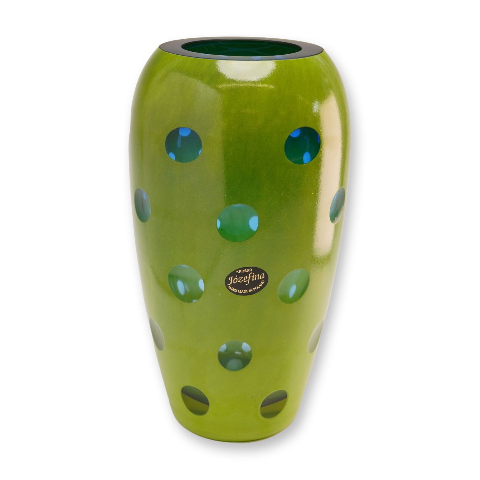 Jozefina Glassworks Krosno Poland Art Glass Lens Cut Vase: This mid-century modern style art glass vase is a product of the Jozefina Glassworks in Krosno, Poland. The vessel features a tapered ovoid form constructed from cased glass, with a vibrant lime green