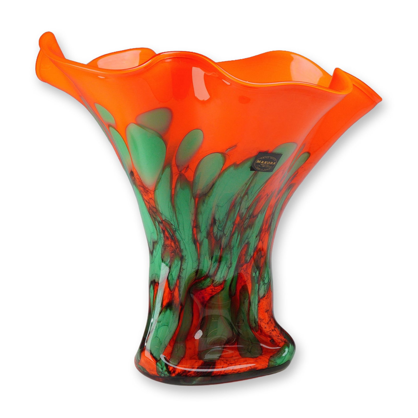 Makora Krosno Poland Cauliflower Art Glass Vase: This hand-blown art glass vase was manufactured by Makora in Krosno, Poland. The vessel is formed in a trumpet shape with a wide, deeply ruffled and undulating rim. The upper section consists of opaqu