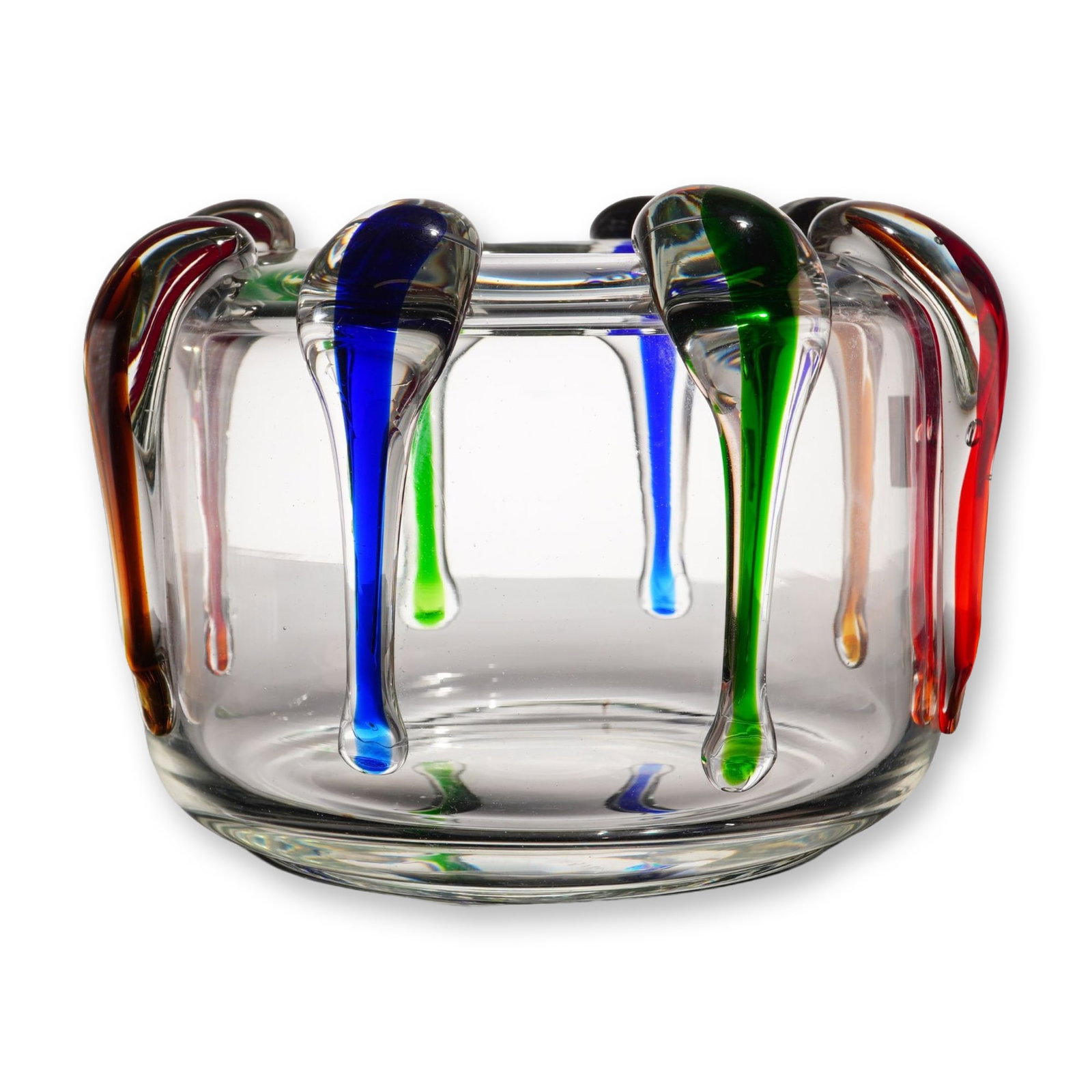 Makora Krosno Hand Made Art Glass Vase: A hand-blown art glass vessel produced by Makora in Krosno, Poland. The piece features a circular, thick-walled clear glass body with a rounded rim. It is decorated with heavy, applied polychrome glas