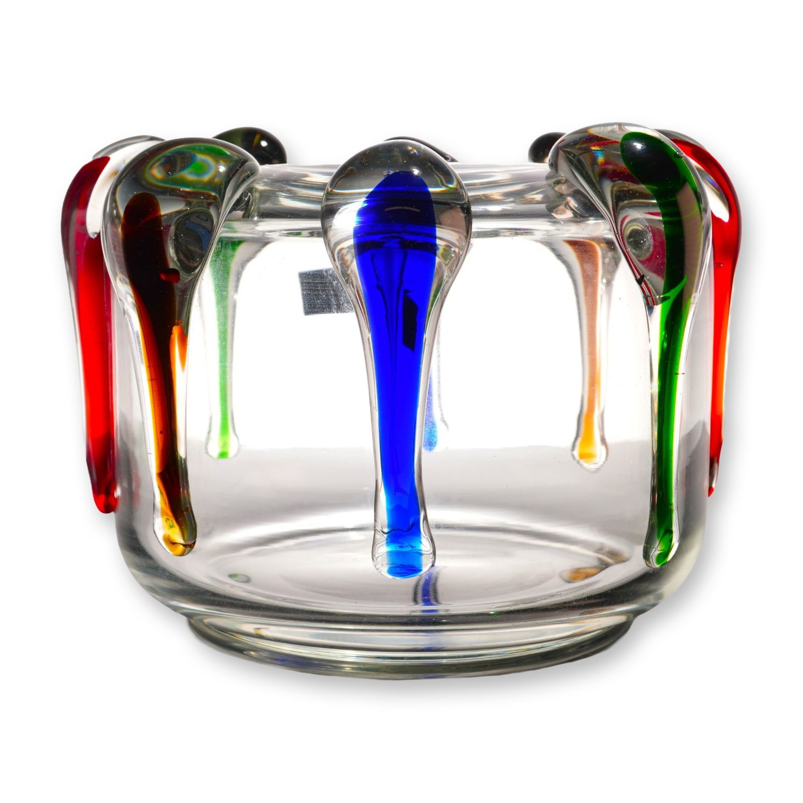 Makora Krosno Polish Art Glass Hand Blown Multicolor Vase: A contemporary hand-blown art glass vessel produced by Makora in Krosno, Poland. The heavy clear glass body is designed as a wide bowl or centerpiece featuring eight applied teardrop or drip elements 