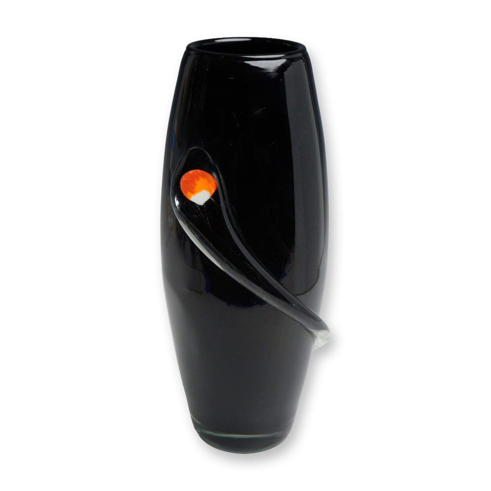 Polish Art Glass Opaque Black Vase with Applied Clear Swirl and Orange Eye: This art glass vase is handcrafted in Poland and features a tall, tapered ovoid form. The vessel is constructed from opaque black glass with a heavy, clear glass trail applied to the exterior. This cl