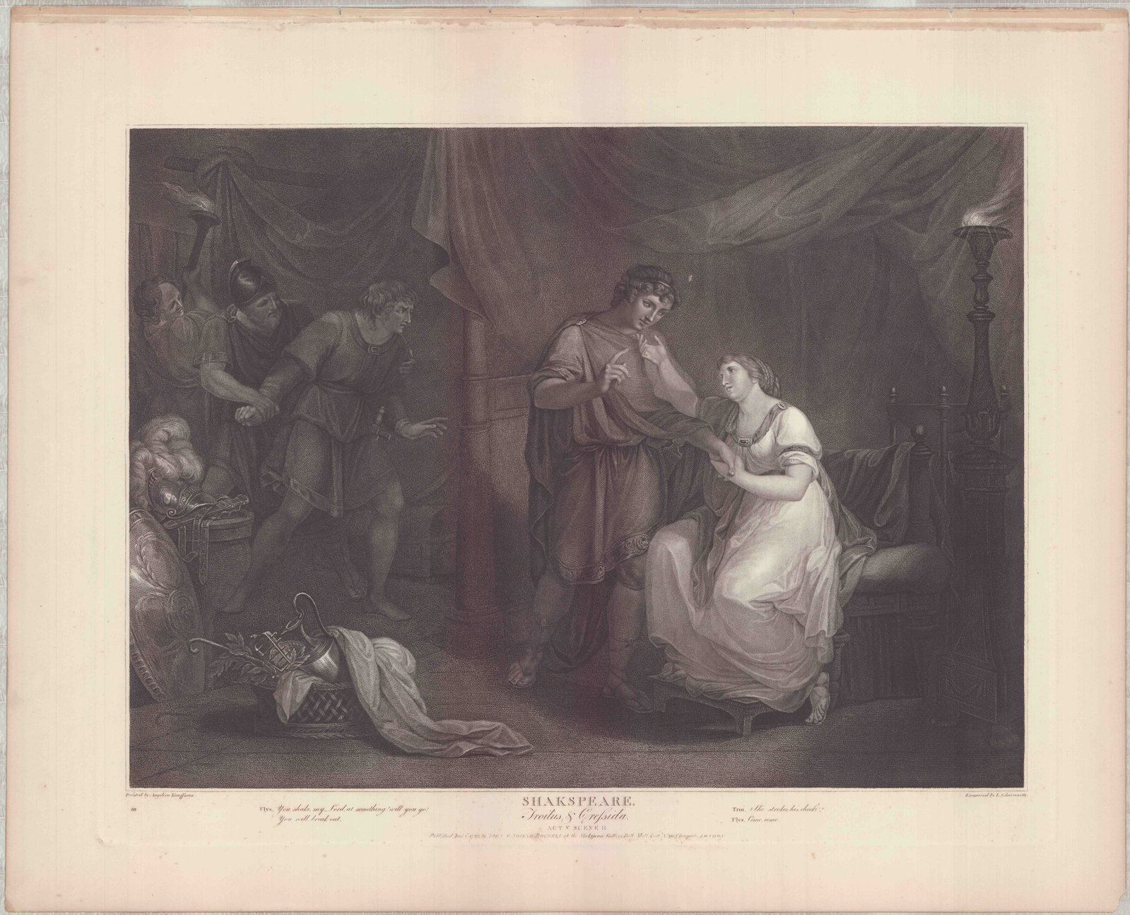 Angelica Kauffman Engraving Troilus & Cressida Boydell Gallery 1795: A large format Neoclassical engraving on paper support by T. Schiavonetti (Italian, 1752-1818) after Angelica Kauffman (Swiss/British, 1741-1807) illustrating a dramatic scene from William Shakespeare