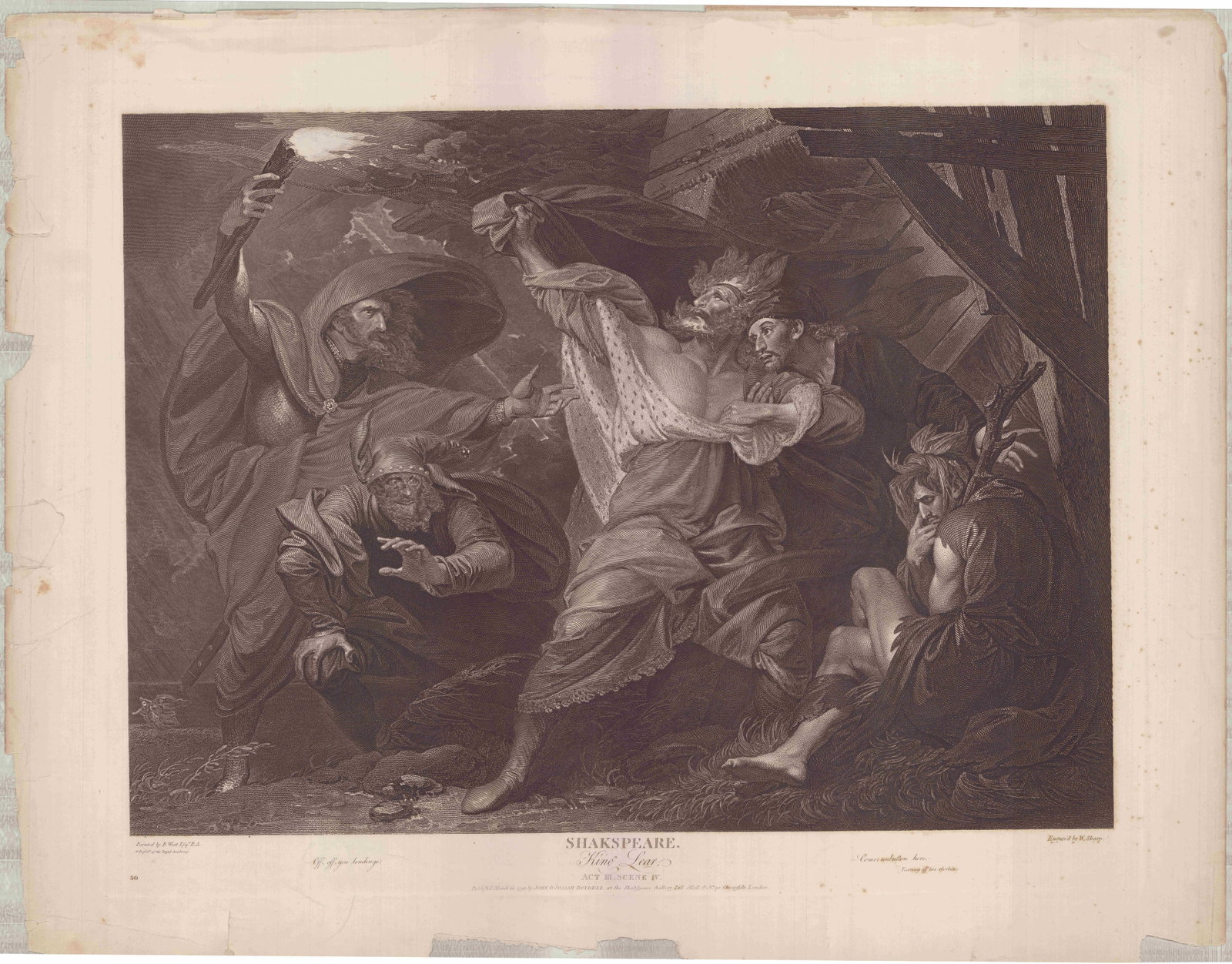 Folio Engraving after Benjamin West, Shakespeare King Lear 1792: This is a large-format copperplate engraving on wove paper engraved by William Sharp (British, 1749?€"1824) after Benjamin West (American/British, 1738?€"1820) for the celebrated Boydell Sha