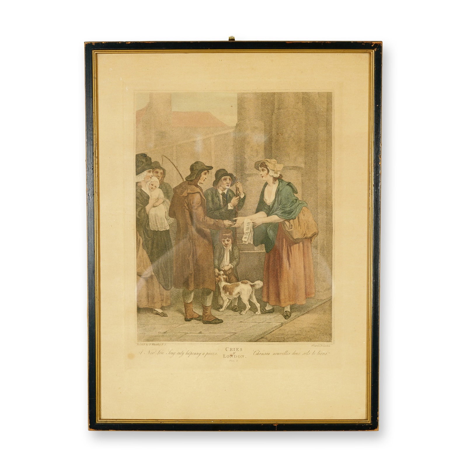 Francis Wheatley (Aft.) Hand-Colored Engraving on Paper, Cries of London: A charming and finely executed hand-colored stipple engraving from the celebrated Cries of London series, titled A New Love Song Only Ha'Penny a Piece. This work captures a bustling street scene where