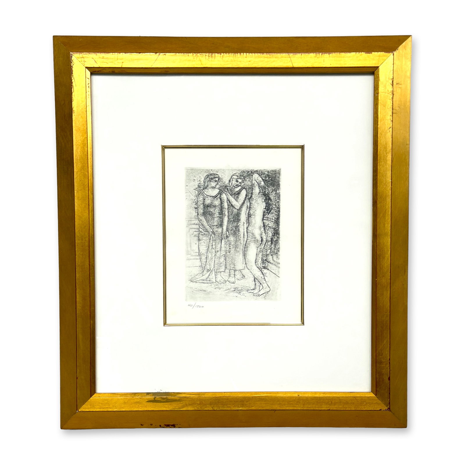 After Pablo Picasso, The Three Graces, Numbered Restrike Etching: This monochrome print is a restrike etching after the 1923 composition by Pablo Picasso (Spanish, 1881-1973) titled The Three Graces. The neoclassical work depicts three female figures, two in draped 