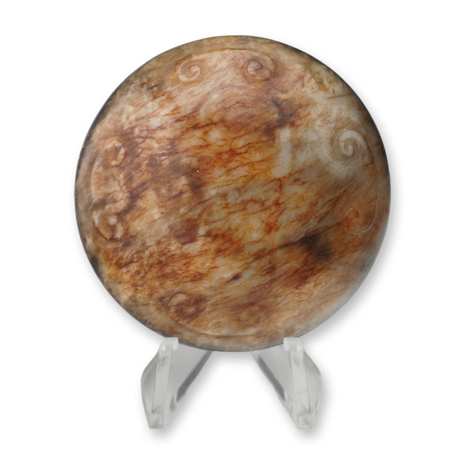 Large Chinese Ming Nephrite Jade Button: Ming dynasty jade large button featuring a domed surface adorned with finely carved Ruyi motif patterns. The reverse displays a precisely incised yin-yang design, demonstrating balance and harmony. Cr
