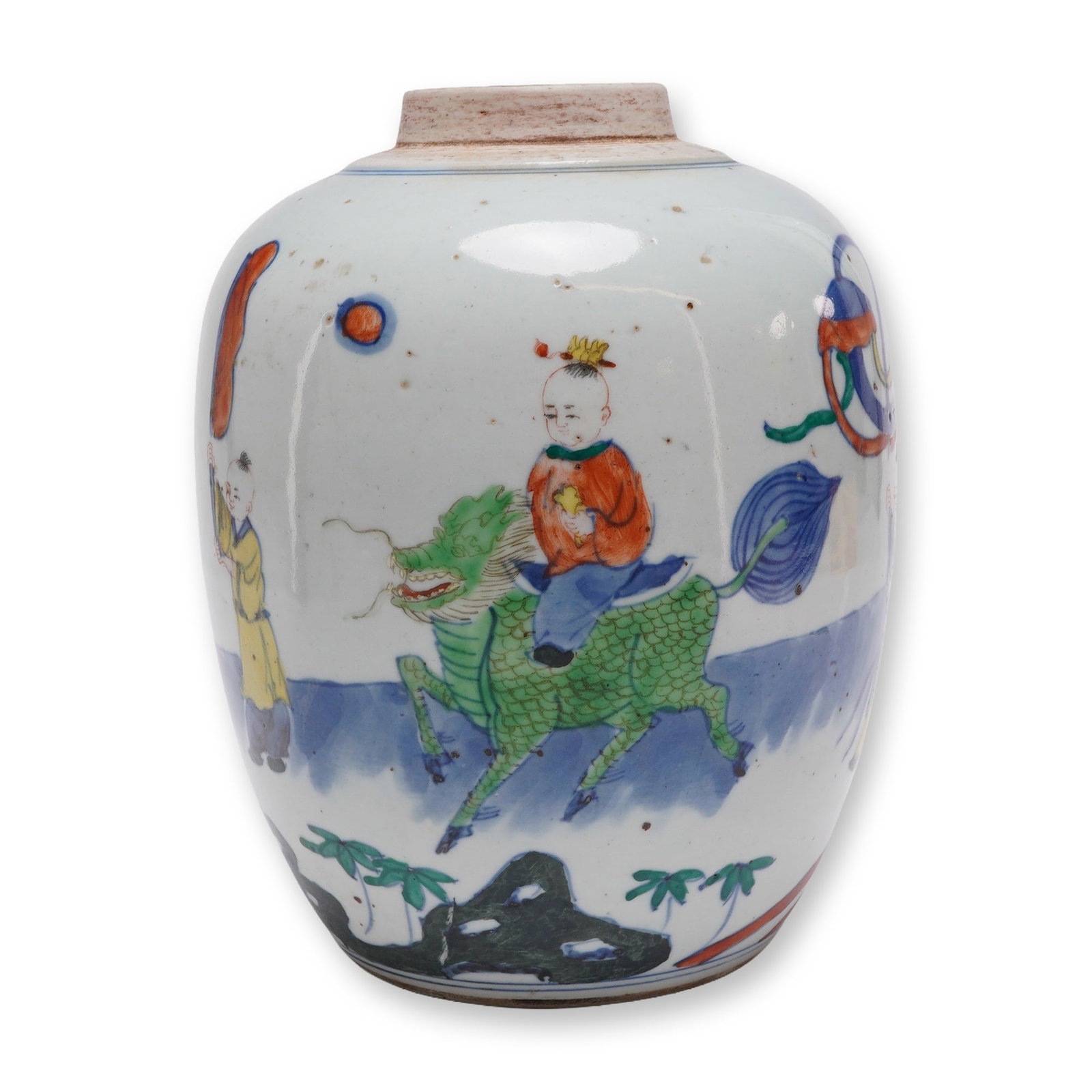 Chinese Doucai Porcelain Jar, Procession, Boy on Qilin: A Chinese Doucai porcelain jar decorated with a hand-painted scene depicting a procession and a boy riding a Qilin. The underside has a double circle mark. Dimensions: 5.5"W x 6.5"H Weight: 2.7 lbs