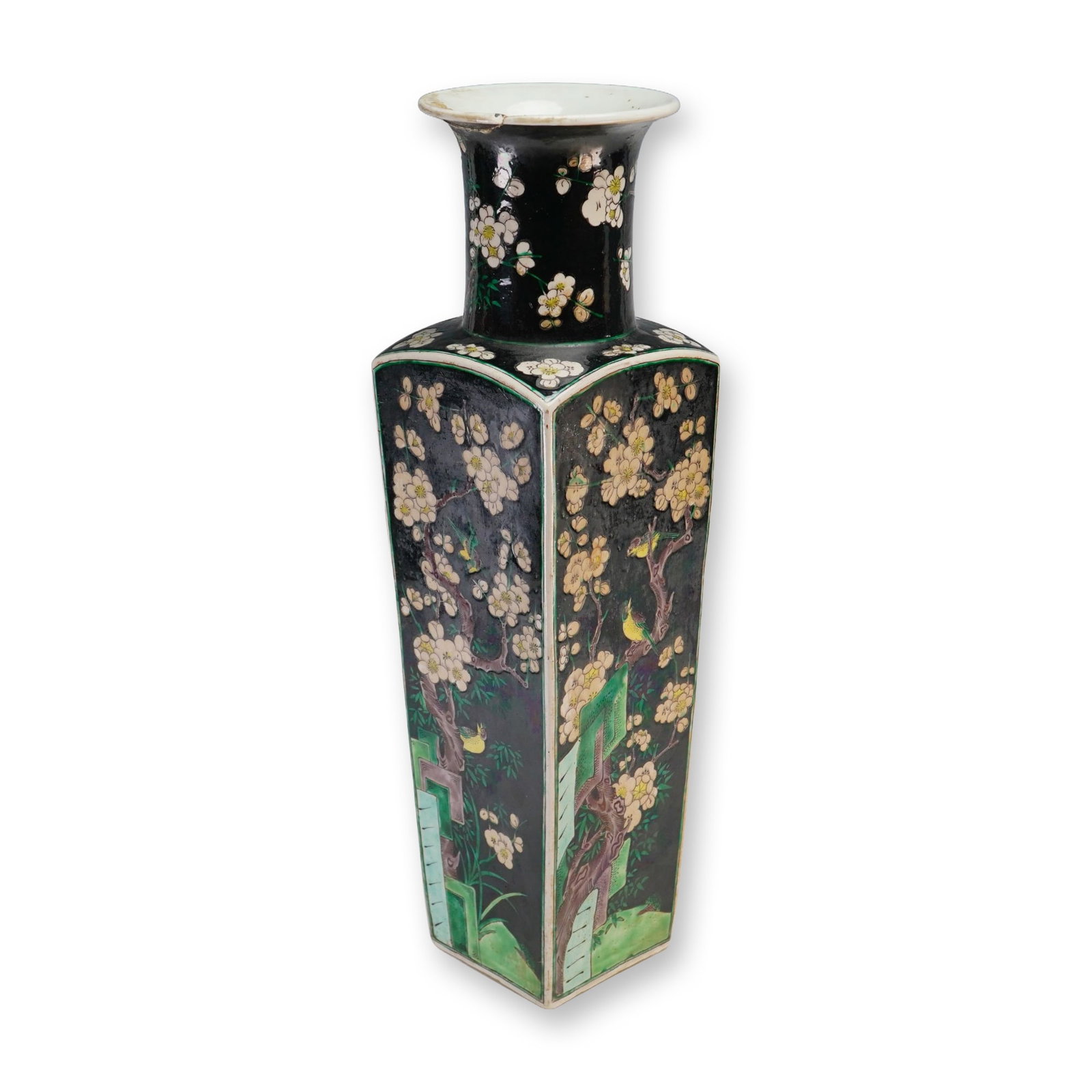 Chinese Famille Noire Porcelain Square Form Vase, Prunus and Birds: A tall Chinese famille noire vase with a square form and flared mouth, featuring birds on flowering branches in shades of yellow, green, and brown against a black ground. Dimensions: 4.5"L x 4.5"W x 1