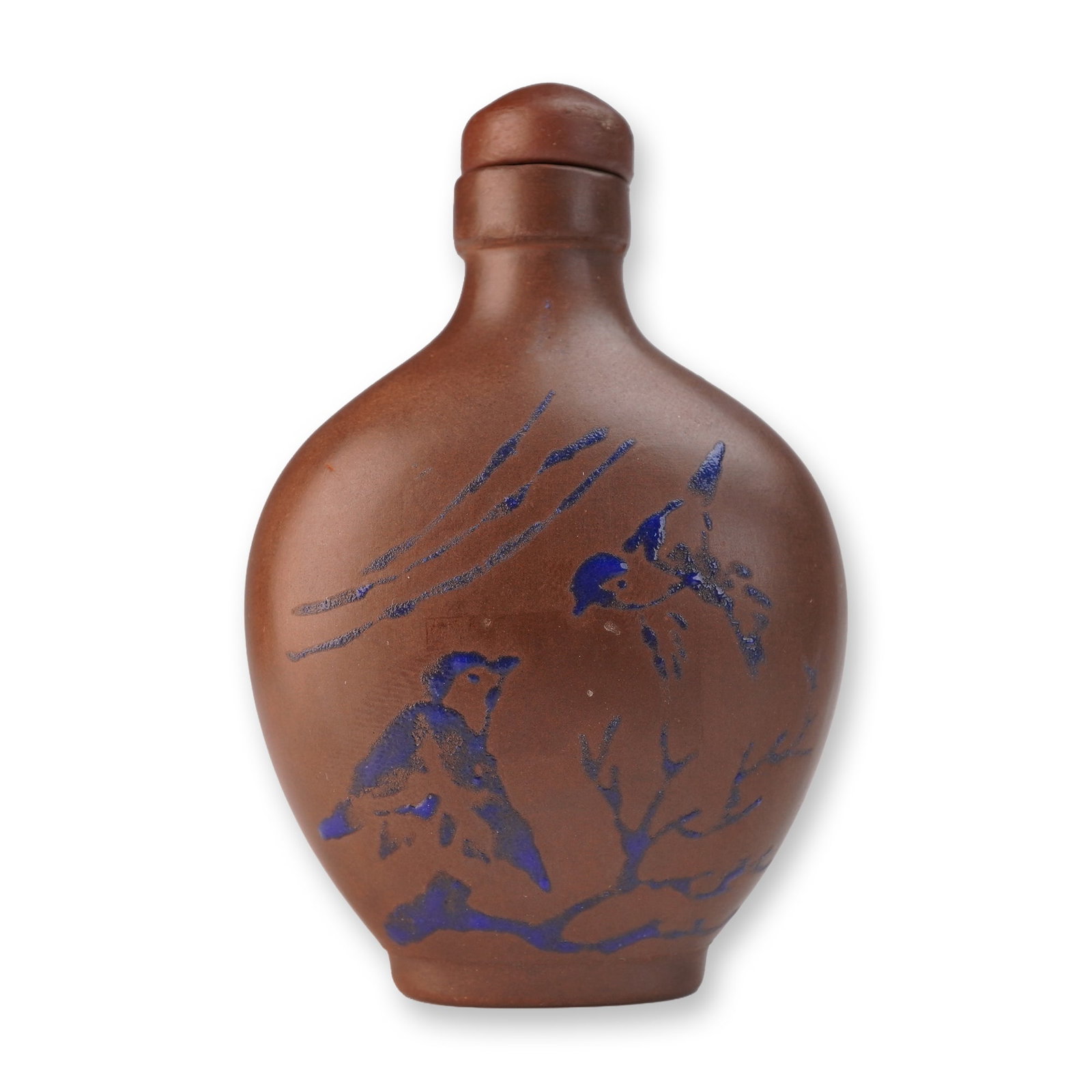 Chinese Yixing Pottery Enameled Snuff Bottle: A Yixing pottery enameled snuff bottle, formed in a classic flattened oval silhouette and accompanied by its spoon. The reddish-brown body is delicately adorned with blue enamel decoration depicting s
