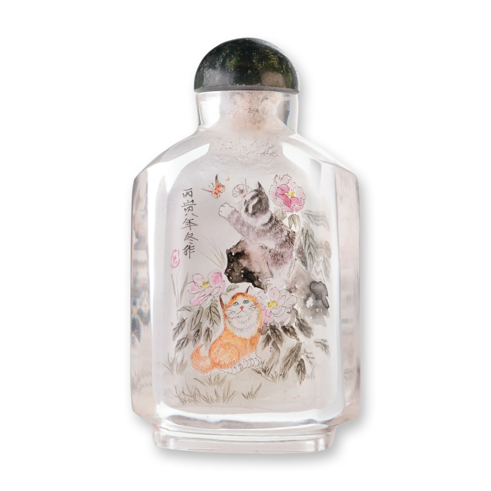 Inside Painted Glass Snuff Bottle, Cats and Calligraphy: This rectangular glass snuff bottle features interior paintings on each side illustrating cats surrounded by flowers, foliage, and butterflies. One side includes calligraphy in the upper left corner. 