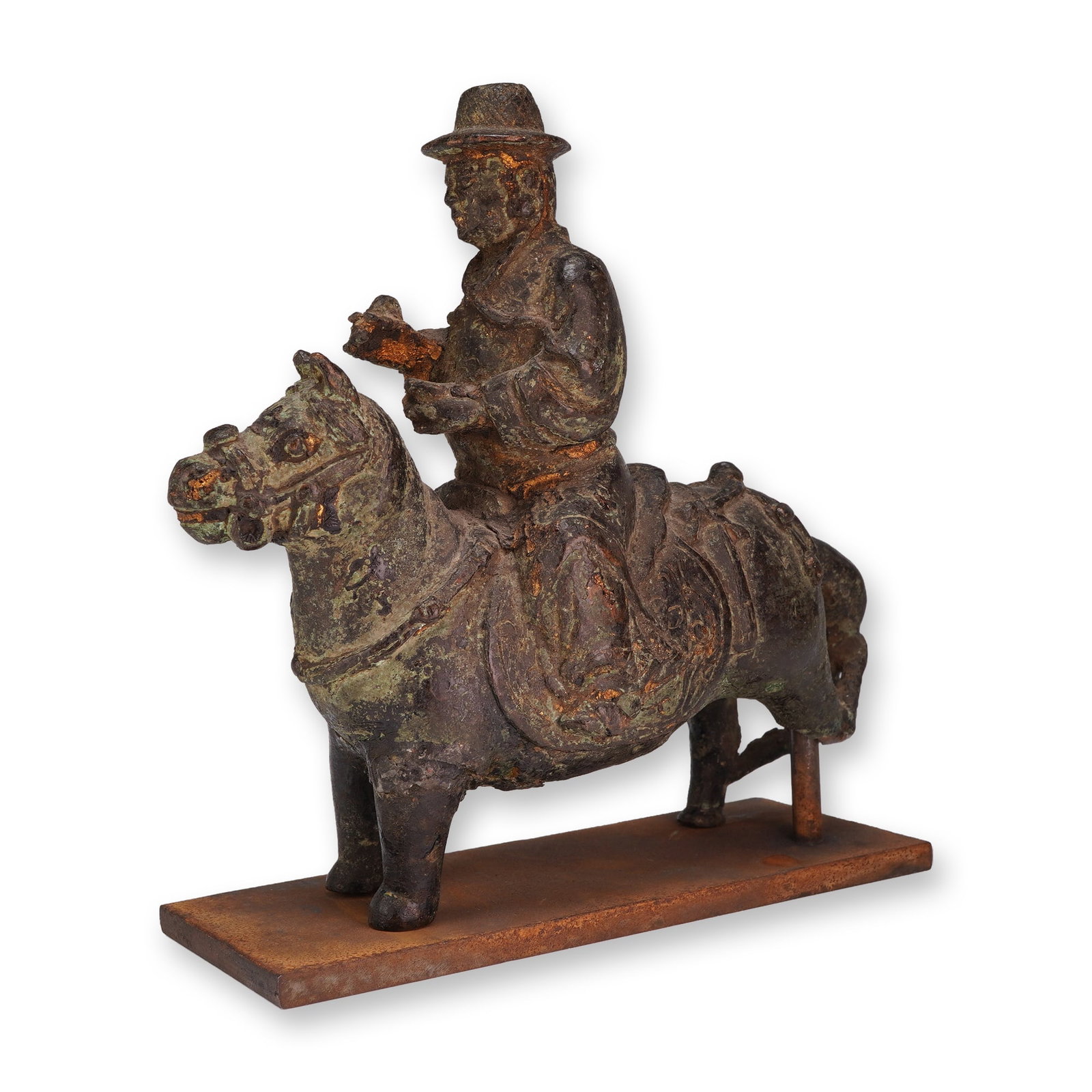 Ming Bronze Man on Horse: A bronze figure from the Ming Dynasty depicting a man riding a horse, mounted on a rectangular base. Dimensions: 6.5"L x 3.25"W x 6.5"H Weight: 3 lbs 2 oz