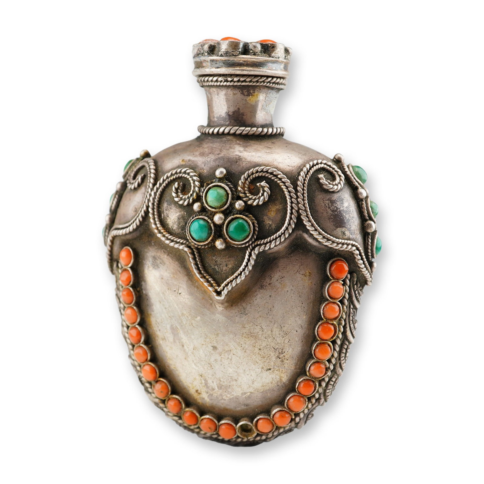 Mongolian Silver Repousse Snuff Bottle, Ruyi Head Design, Rounded Bottom: Decorated with coral and turquoise stones, this Mongolian silver repousse snuff bottle with stopper features a Ruyi head pattern along the top, a braided rope design along the sides and curved bottom,