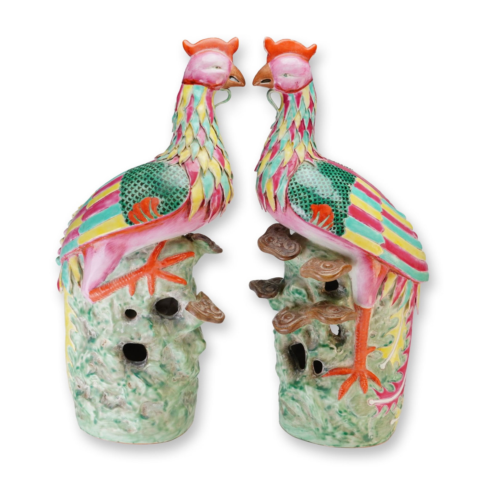 Pair of Chinese Famille Rose Porcelain Phoenix and Lingzhi Sculptures (1 of 4)