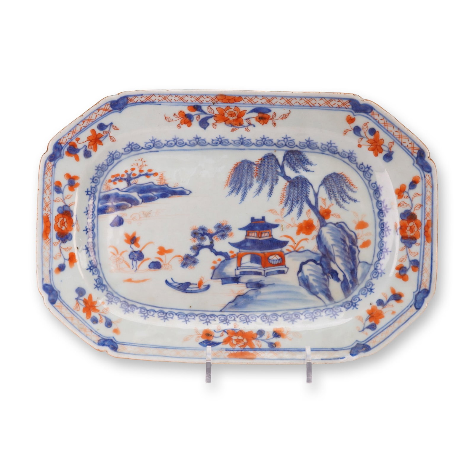 Chinese Small Imari Landscape Design Tray: The rectangular tray with chamfered corners features a central scene depicting a lakeside pavilion, a fisherman in a small boat, and a landscape with rocks, trees, and flowers. The decoration is execu