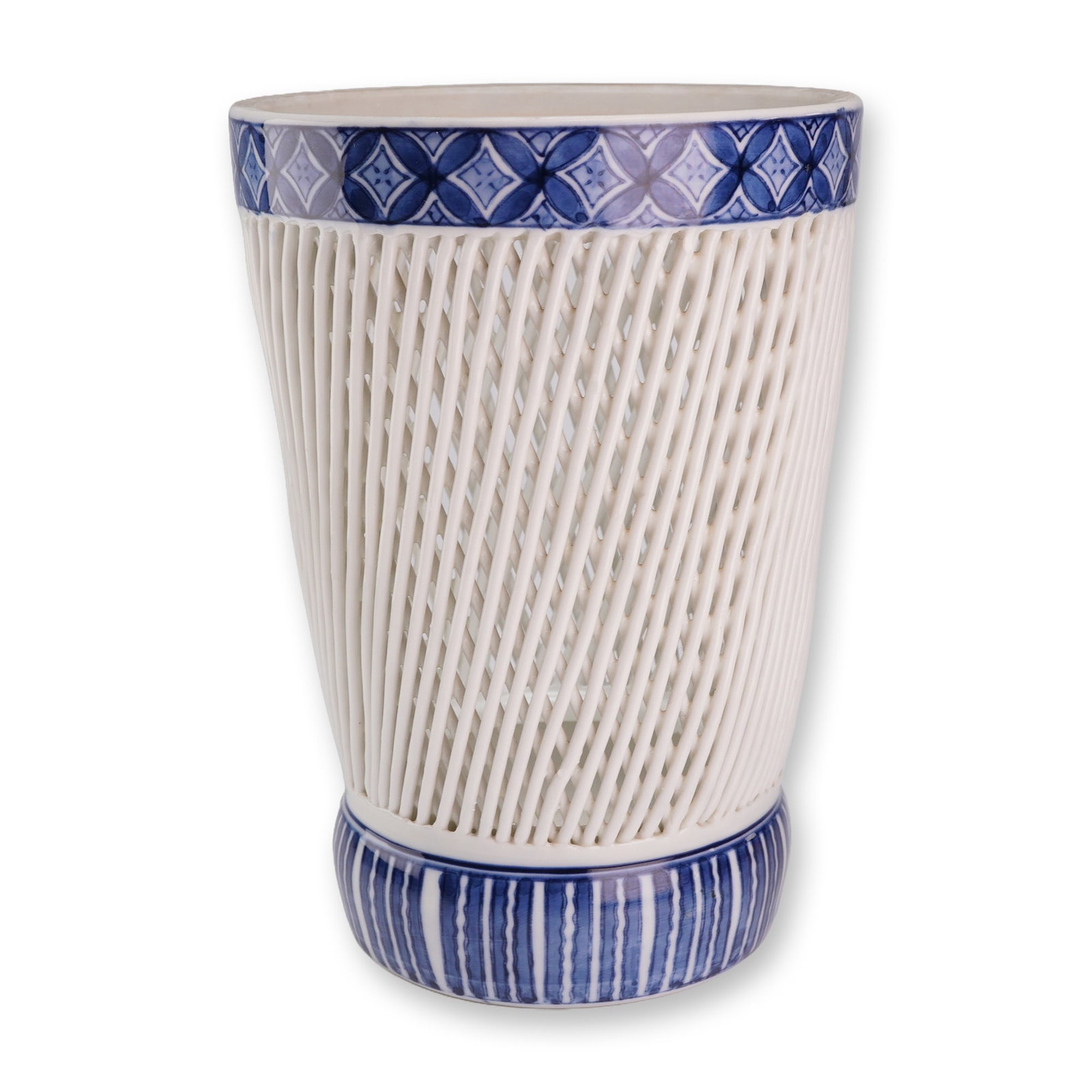Japanese Blue and White Porcelain Hirado Woven Vase: A Japanese blue and white Hirado ware porcelain vase featuring a woven body design, with geometric blue-glaze borders near the rim and base. The underside is marked with blue Japanese characters. Dime