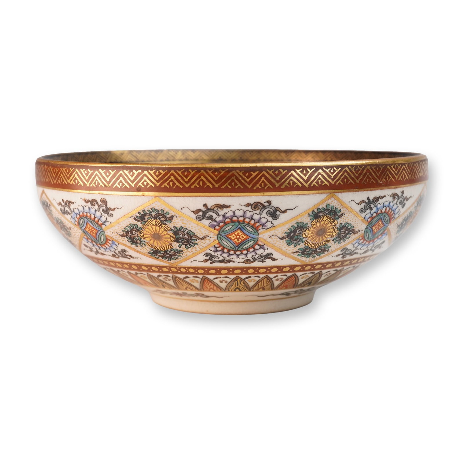 Japanese Satsuma Porcelain Bowl: A small bowl with polychrome and gilt decoration. The interior features a detailed scene of numerous figures gathered around a central screen depicting a red-crowned crane. The exterior is decorated w