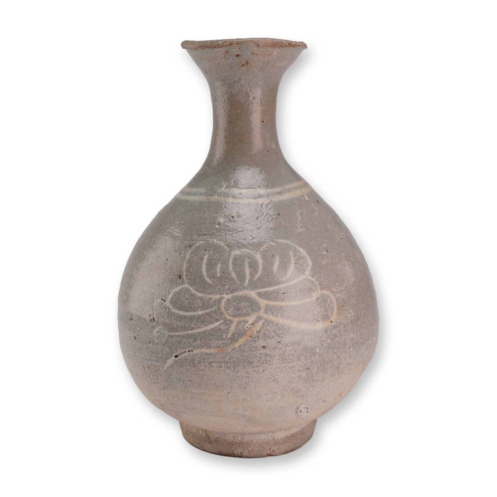 Korean Glazed Bottle Vase, White Paste Inlay Flowers, Punch'ong Ware: A Korean Punch'ong ware ceramic bottle vase featuring white paste inlaid flowers and a light gray glaze. Dimensions: 4"W x 6"H Weight: 14.5 oz