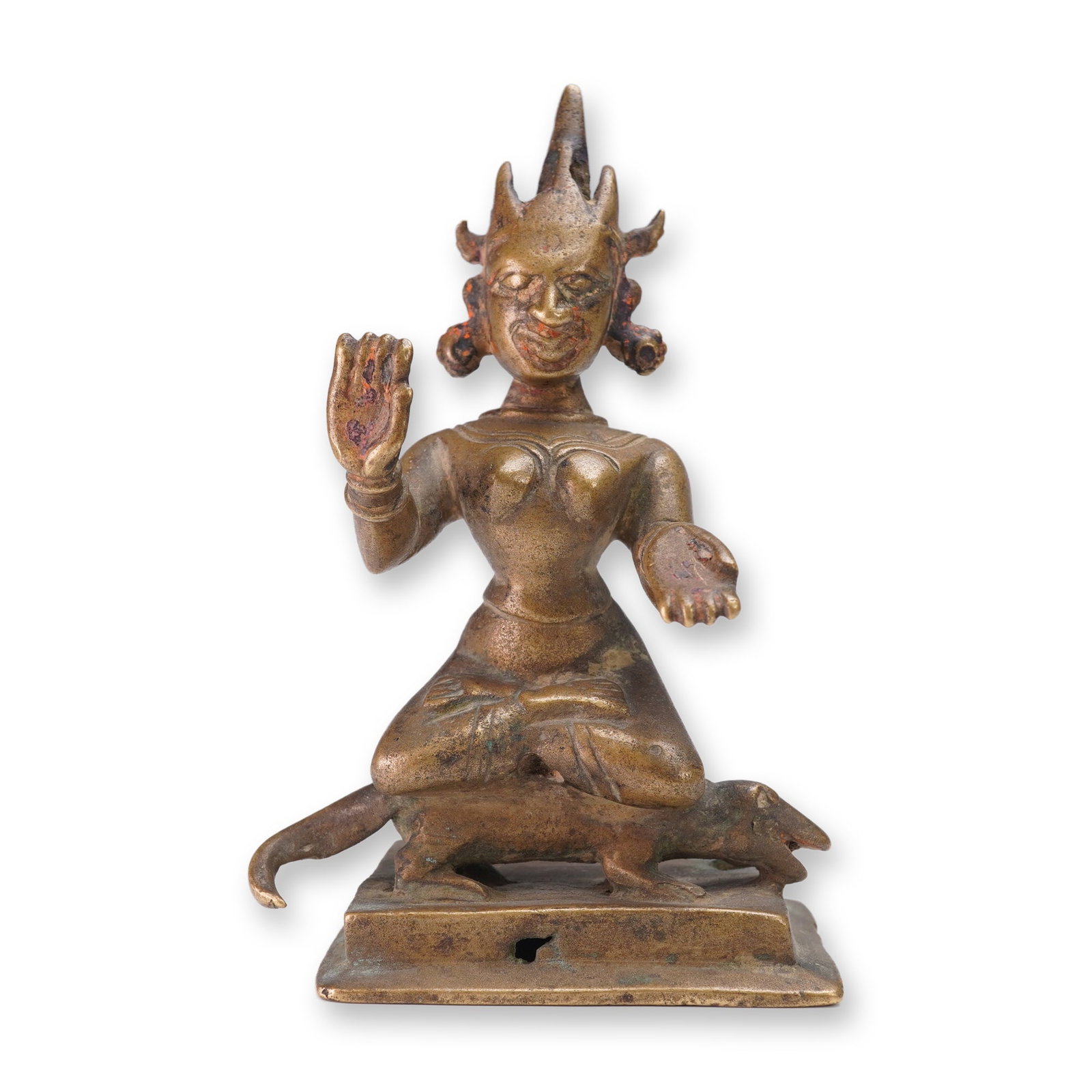 Indian Bronze Deity Gauri with Vahana Godha Figurine: Indian bronze figure depicting the Hindu Goddess Gauri, a form of Parvati, shown kneeling on a rectangular plinth. The deity is modeled with an elaborate pointed headdress, ornate hair coils, and