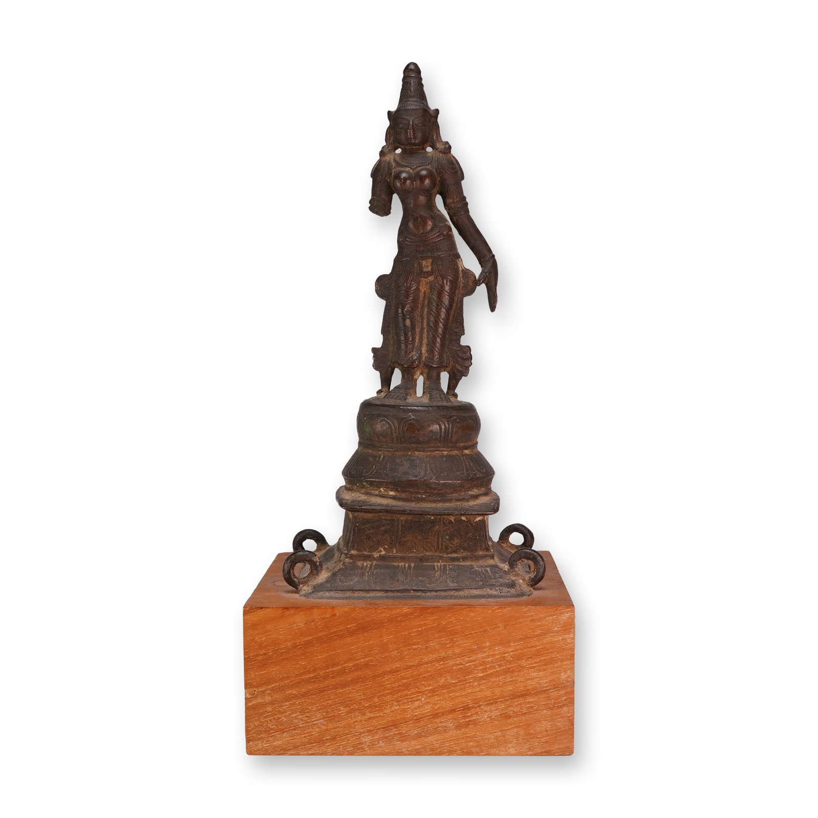 Indian Bronze Female Deity on Lotus Base, Wood Block Stand, Ex-Honolulu Collection (1 of 5)