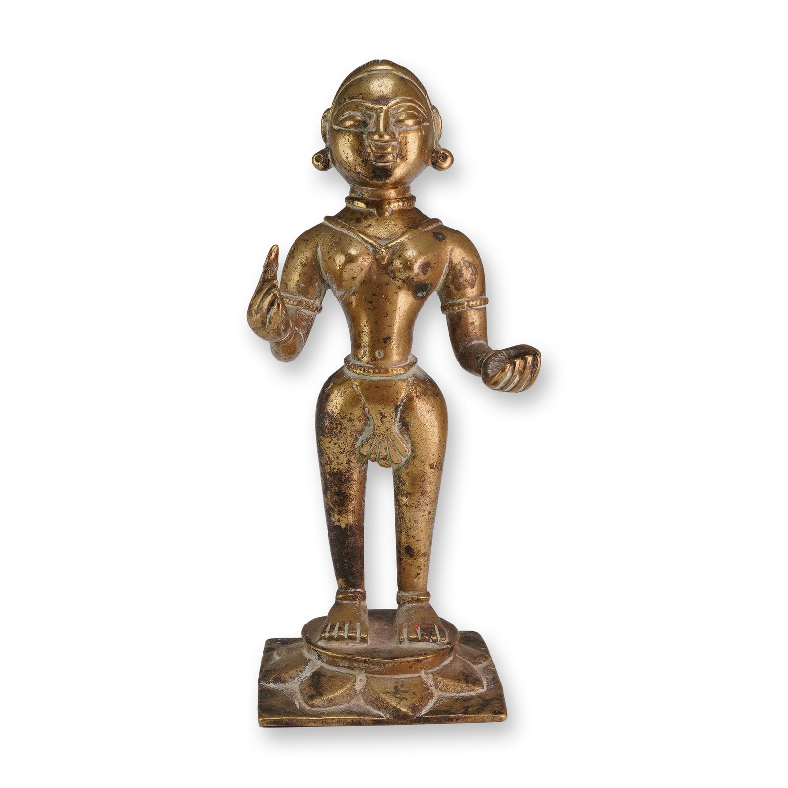 Indian Bronze Standing Female Figure: An Indian gold-tone bronze figure modeled as a female standing on a lotus atop a thin square base. Dimensions: 2.5"L x 2.5"W x 7"H Weight: 2.8 lbs