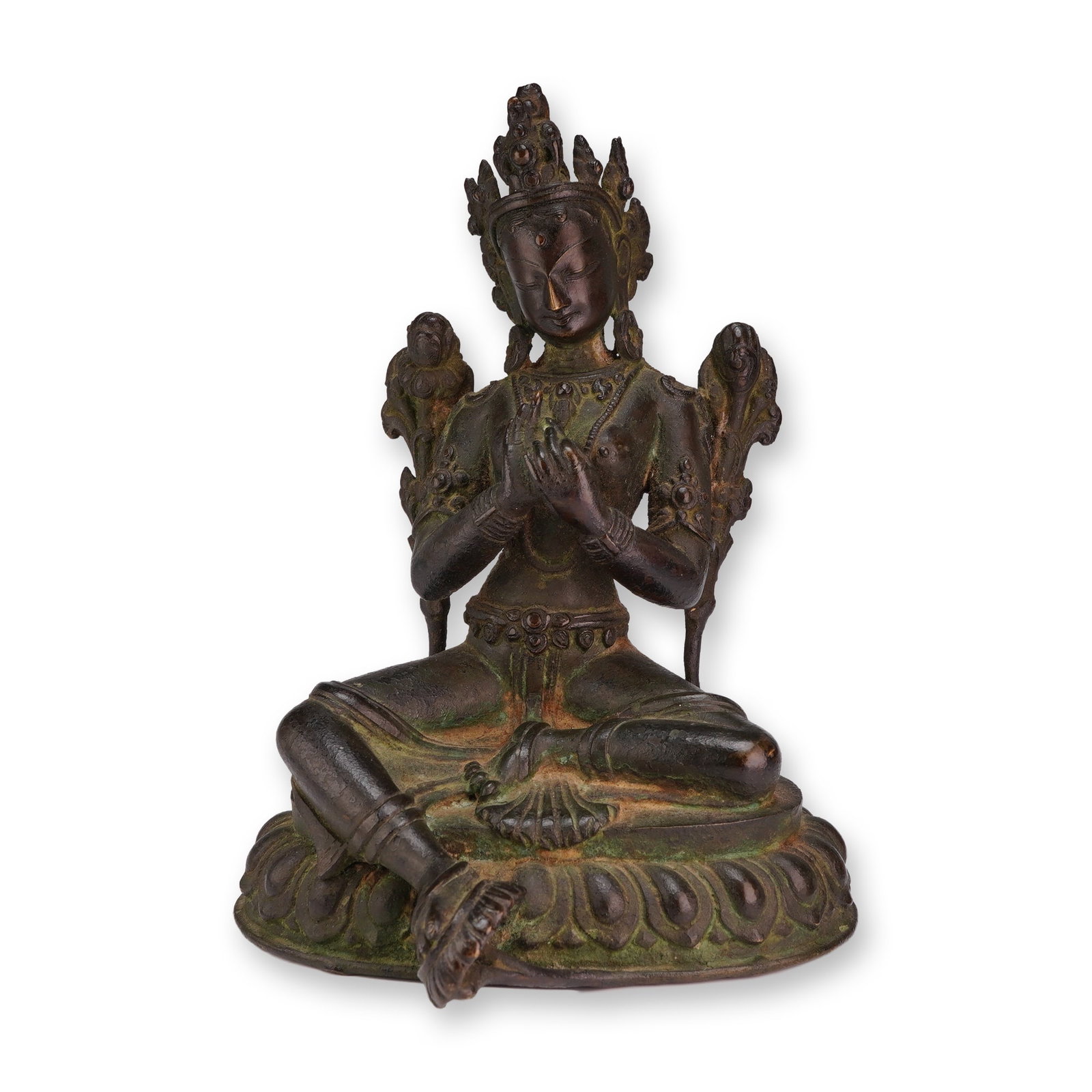 Tibetan Bronze Seated Deity on Lotus Base: A Tibetan bronze figure with a dark patina, depicting a seated deity on a stylized lotus base. Dimensions: 5"L x 4.75"W x 6.75"H Weight: 2 lbs 2 oz