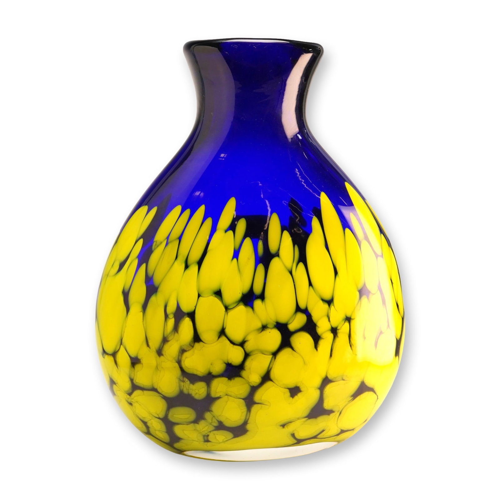 Makora Krosno Hand-Blown Cobalt Blue and Yellow Spatter Art Glass Vase: This hand-blown art glass vase was produced by Makora in Krosno, Poland. The vessel is crafted from deep cobalt blue glass featuring a dense application of yellow frit or spatter glass across the lowe