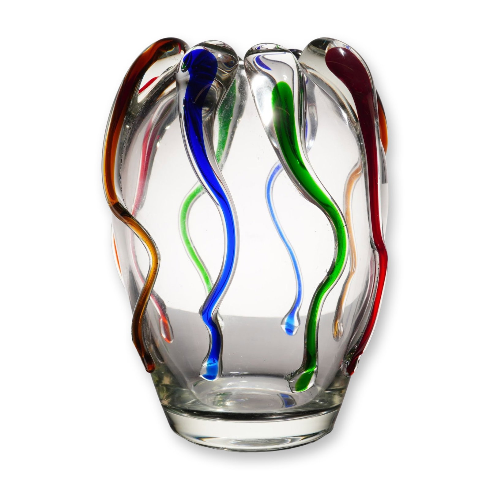 Makora Krosno Poland Hand Blown Art Glass Multicolor: A hand-blown art glass tear vase produced by Makora in Krosno, Poland. The vessel is crafted from thick, clear glass in a rounded, organic form. The exterior is decorated with multiple vertically orie