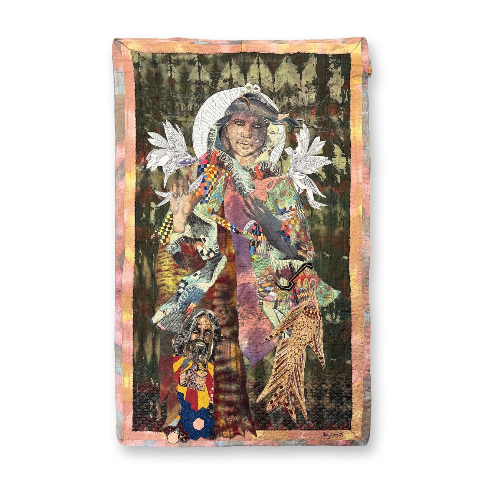 Penny Sisto (Scottish, b. 1941) Mixed Media Textile Wall Quilt, Athena, 1998: This contemporary mixed media textile work is an intricate quilted wall hanging by artist Penny Sisto, titled Athena and dated 1998. The composition is executed using complex fabric applique, hand-dyi