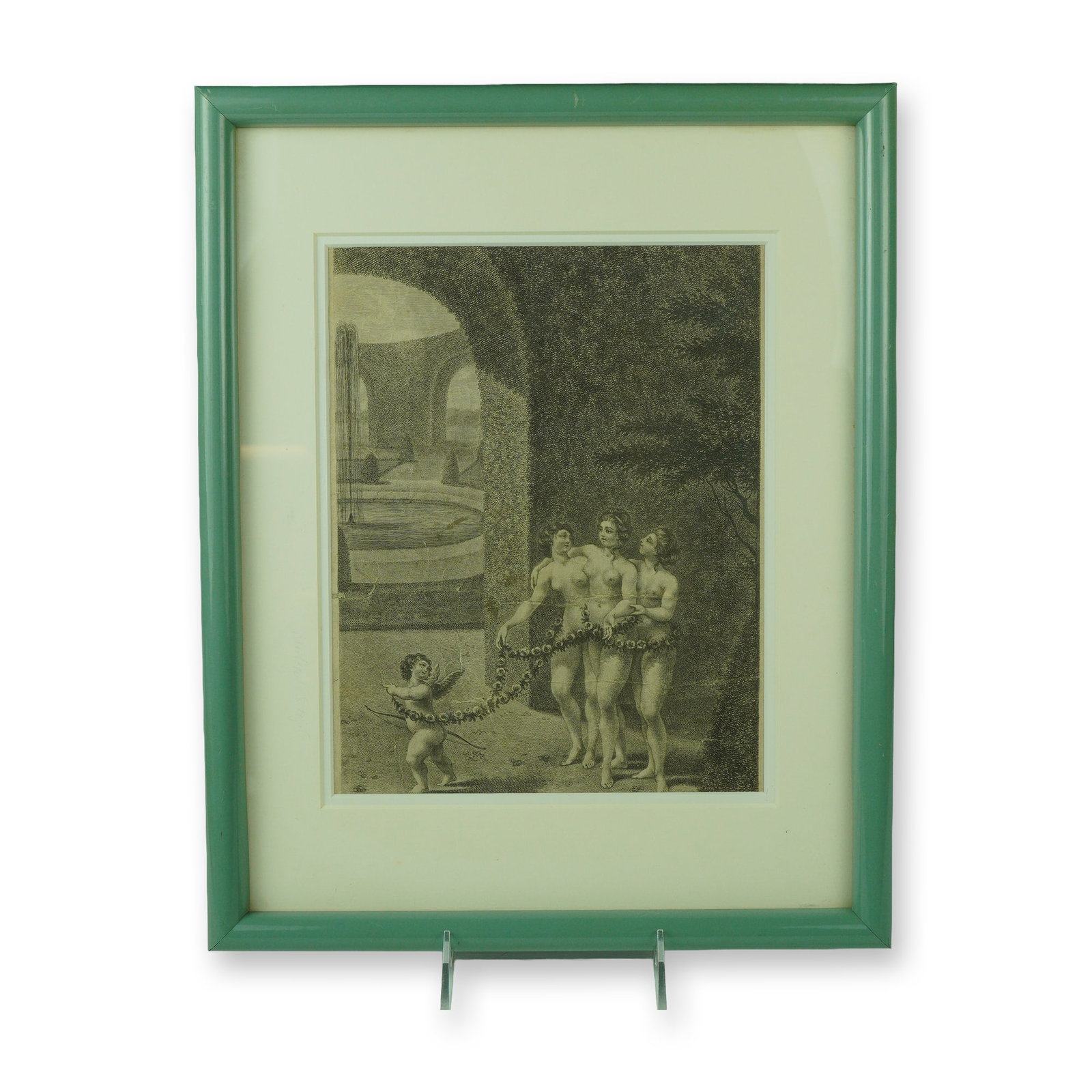 Antique Engraving by Jh Maillet, Cupid and Three Graces: Neoclassical engraving signed "Grave par Jh Maillet" at lower left, likely referring to French engraver Jean-Jacques Maillet, active circa 1790 to 1820. The scene depicts Cupid leading three nude fema