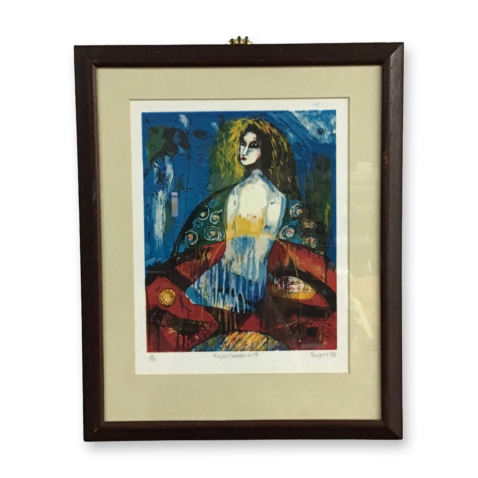 Felix Royett (Venezuelan b 1949), 'Mujer Tomando El Te', Lithograph: This lithograph on paper is by the Venezuelan artist Felix Royett (born 1949). Titled "Mujer Tomando El Te," the work is a vibrant, multi-color composition featuring a stylized, semi-abstract portrait