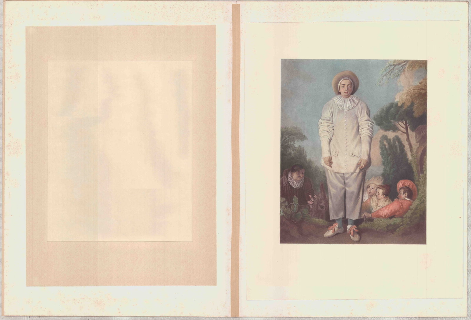After Antoine Watteau (French, 1684-1721) Chromolithograph Gilles (Pierrot): This color print after Antoine Watteau (French, 1684-1721). depicts the iconic composition known as 'Gilles' (or 'Pierrot'), originally painted circa 1718. The full-length figure of Gilles, a characte