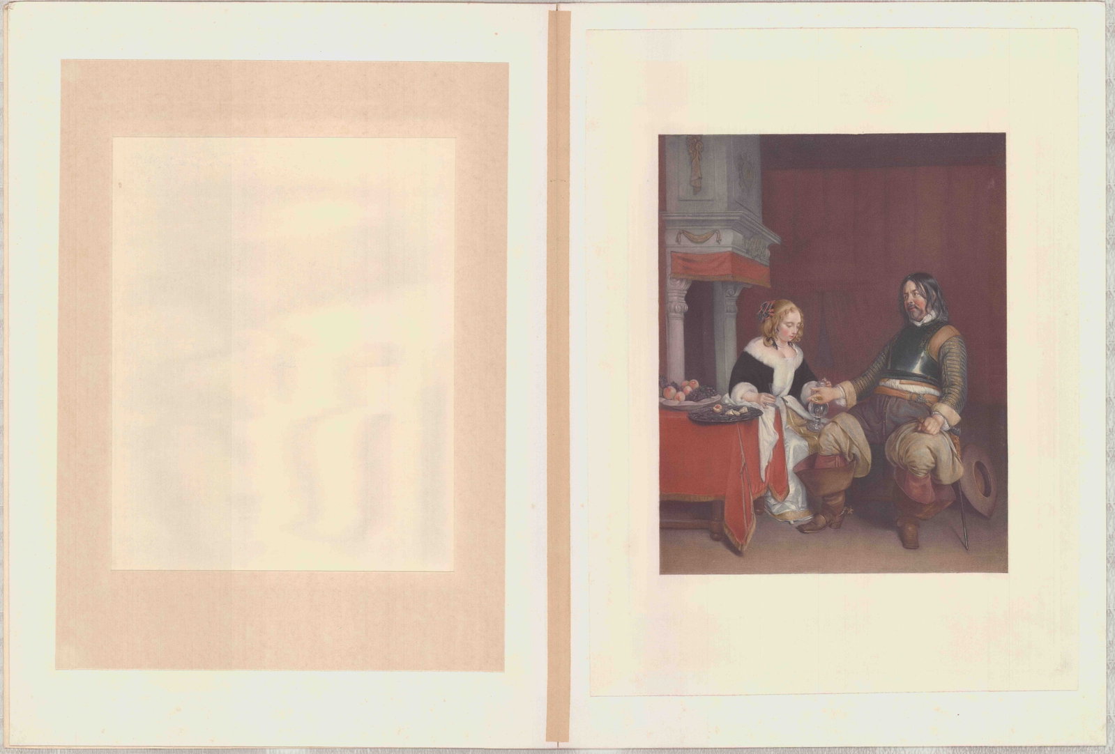 Gerard ter Borch Chromolithograph A Military Gallant: A highly detailed chromolithograph after Gerard ter Borch (Dutch, 1617?€"1681) titled A Military Gallant. The composition depicts a man, likely a cavalier or soldier in partial armor, seated besi