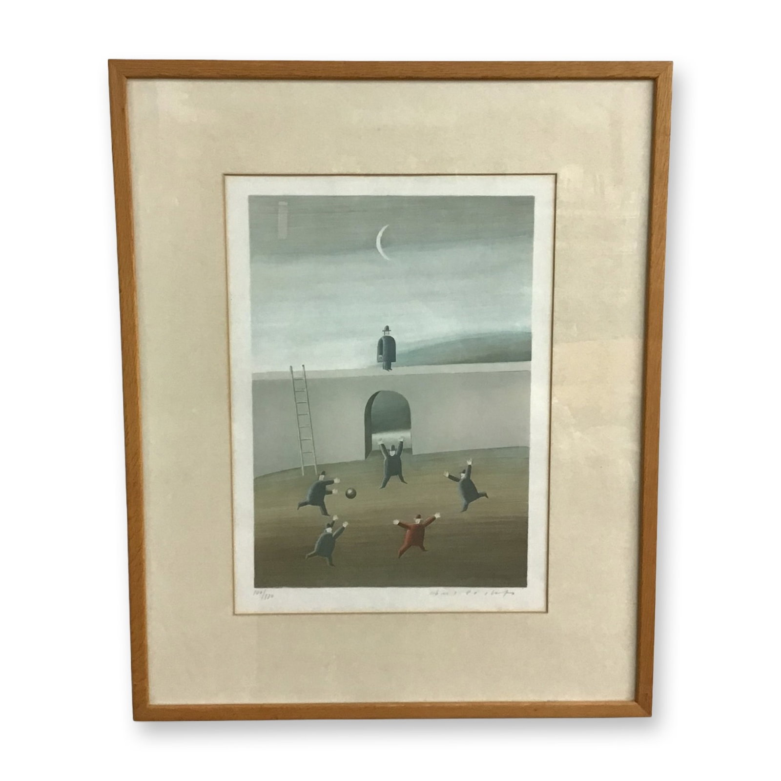 Maris Bishofs, Surrealist Lithograph, Numbered 100/170: This lithograph on paper is by the Latvian-Israeli artist Maris Bishofs (born 1939). The surrealist composition depicts five stylized figures wearing suits and hats engaged in a ball game within a cou