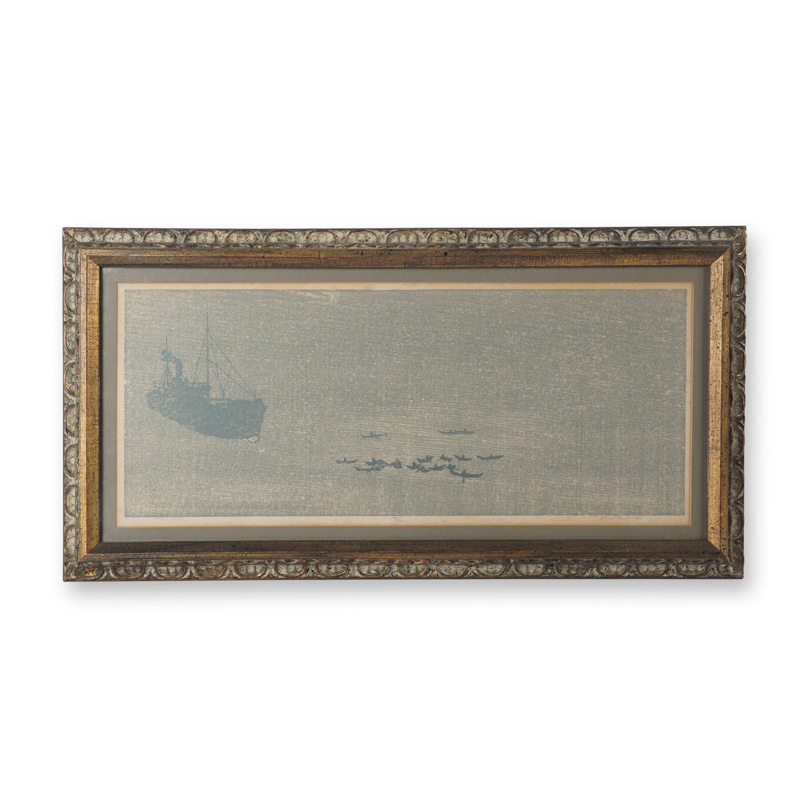 Paul Staub, Limited Edition Woodblock Print, Grand Banks - Signed: Framed woodblock print titled Grand Banks by Paul Staub, dated 1964. This serene maritime composition depicts a large fishing schooner on the left and a cluster of dories scattered across calm waters 