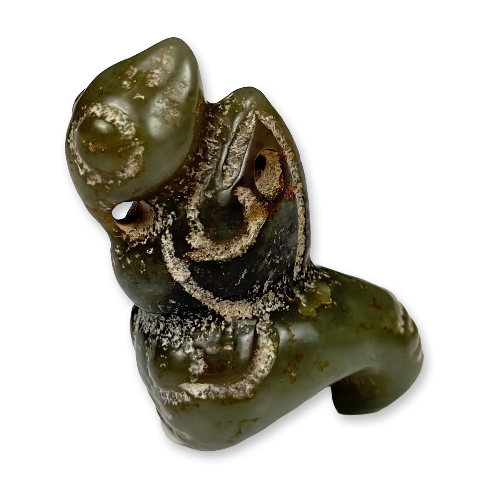 Chinese Carved Green Stone Amulet Pendant in the Hongshan Culture Style: This hand-carved stone amulet pendant is rendered in the style of the Neolithic Hongshan culture of northeastern China. The object depicts an animal or humanoid creature, commonly associated with the 