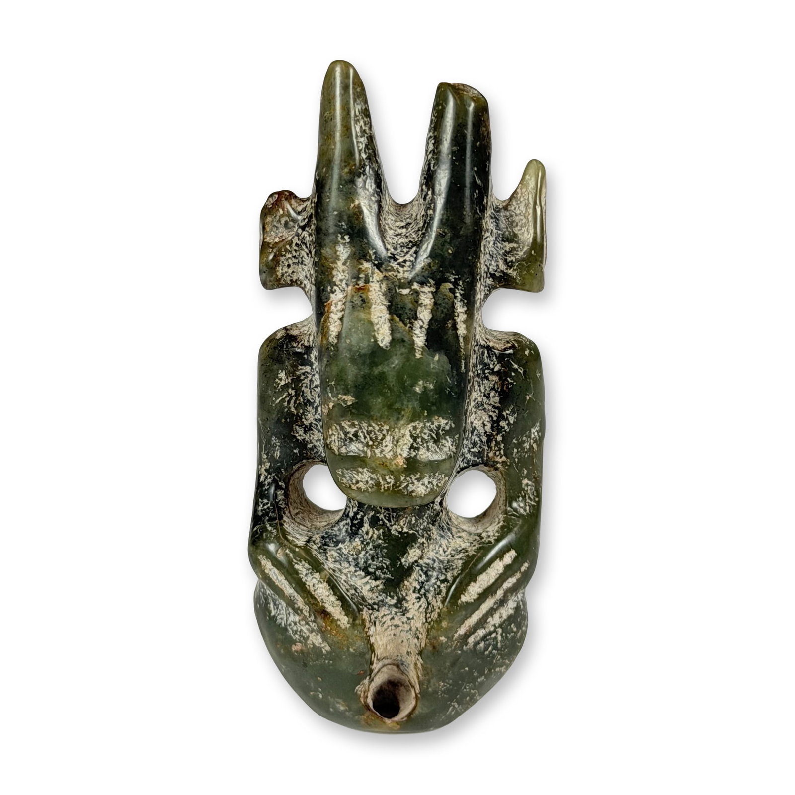 Chinese Hongshan Style Zoomorphic Pendant Carved of Greenish Stone: This carved hardstone figure is executed in the Neolithic Hongshan style of northeastern China. The object is a zoomorphic or anthropomorphic pendant, often associated with shamanic or sun god imagery
