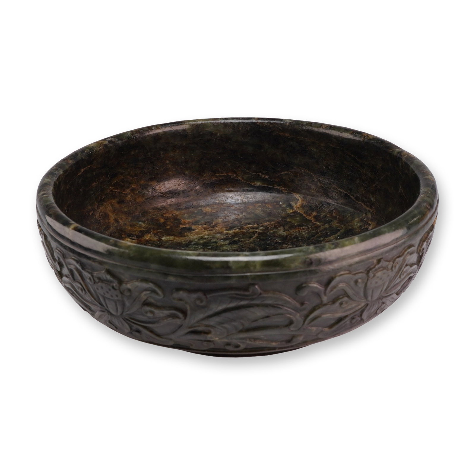 Chinese Spinach Jade Bowl, Lotus Design, Incised Qianlong Mark: A Chinese decorative bowl carved from spinach jade, featuring a lotus design on the exterior. The base is incised with a Qianlong mark. Dimensions: 2"H x 6.5" dia. Weight: 1.11 lb