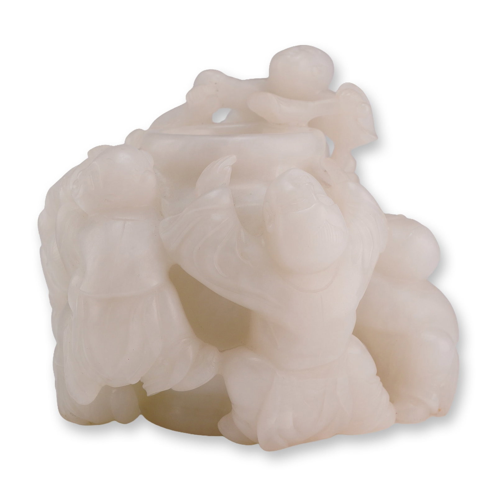 Chinese White Jade Brush Washer with Children: This Chinese brush washer is carved from white jade and decorated with children climbing around it. Dimensions: 4.5"L x 4.5"W x 4"H Weight: 1.15 lb