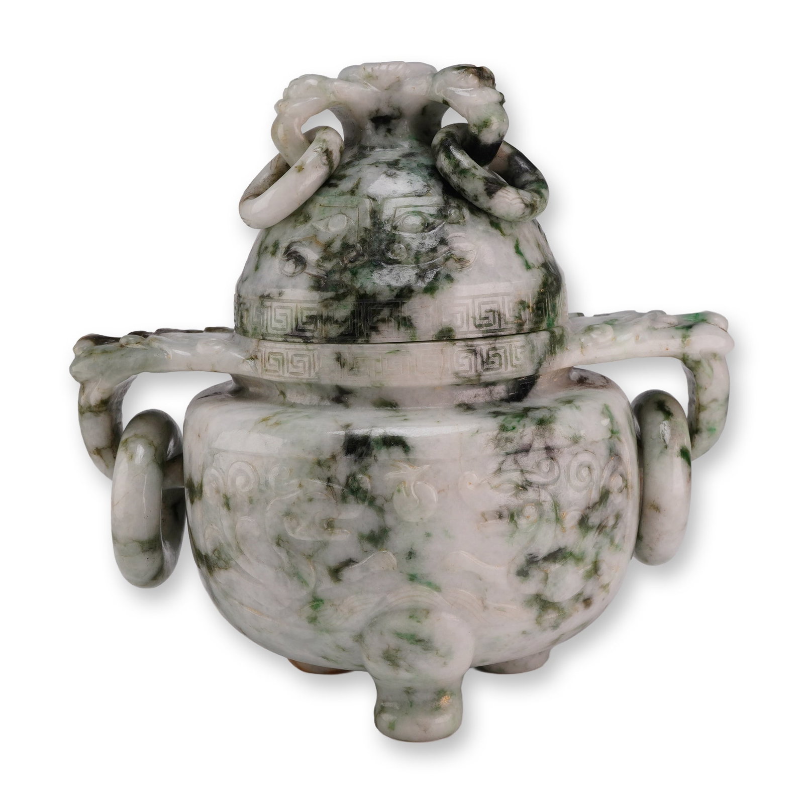 Jadeite Tripod Censer, Taotie Mask Design, Areas Moss Green (1 of 3)