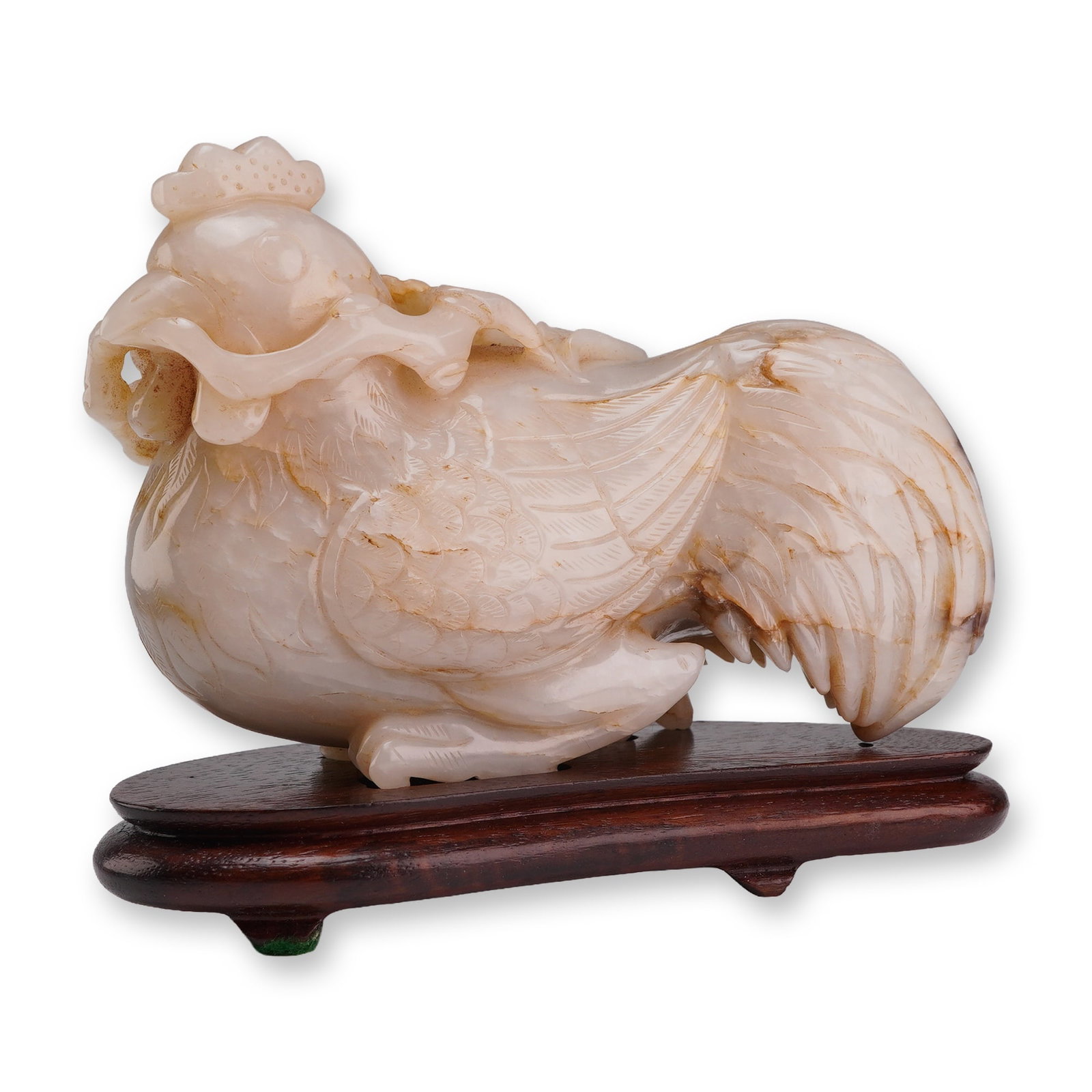 Nephrite Jade Carving of Rooster with Lingzhi, Wood Stand (1 of 4)