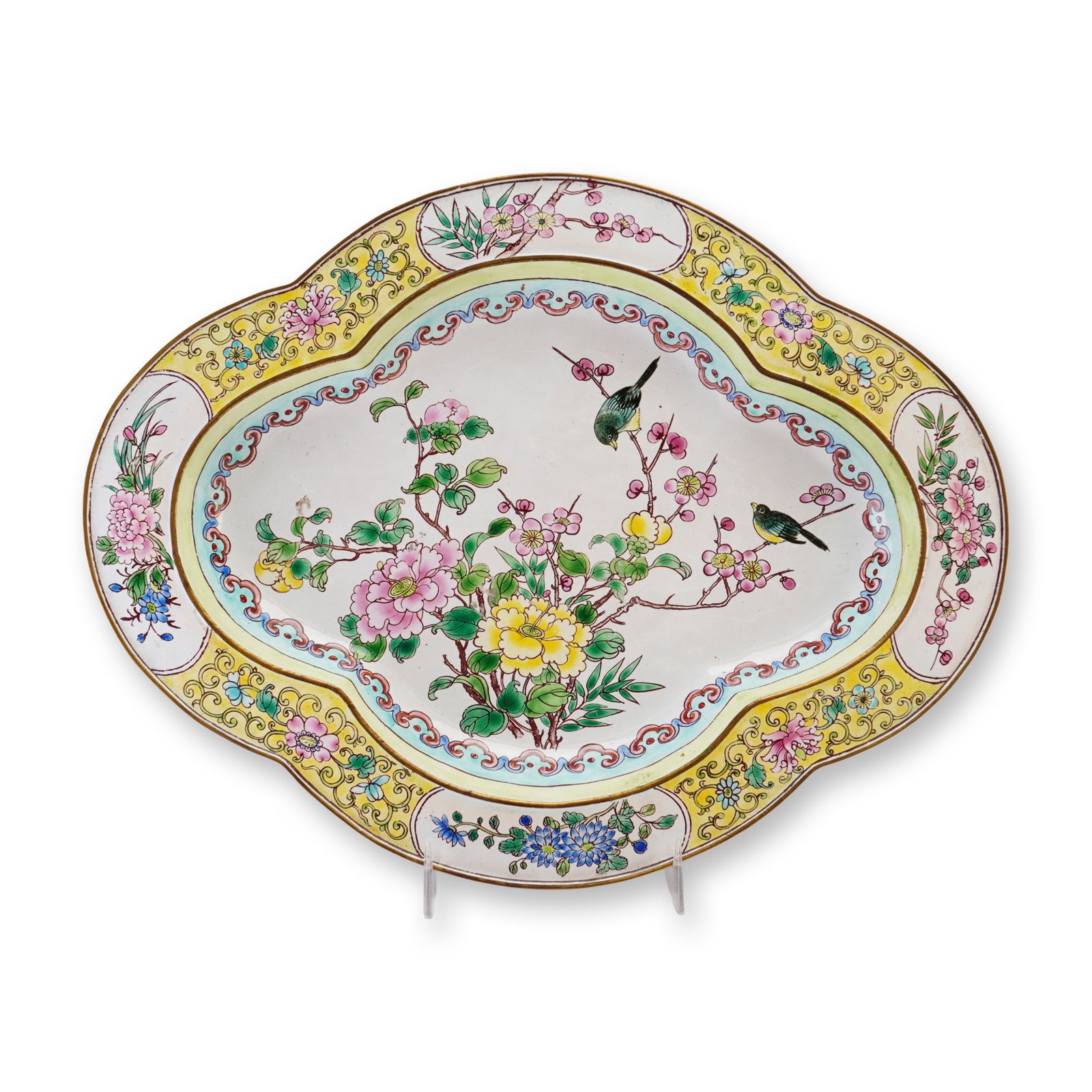 Chinese Canton Enamel Quatrefoil Form Dish, Birds and Flowers (1 of 2)