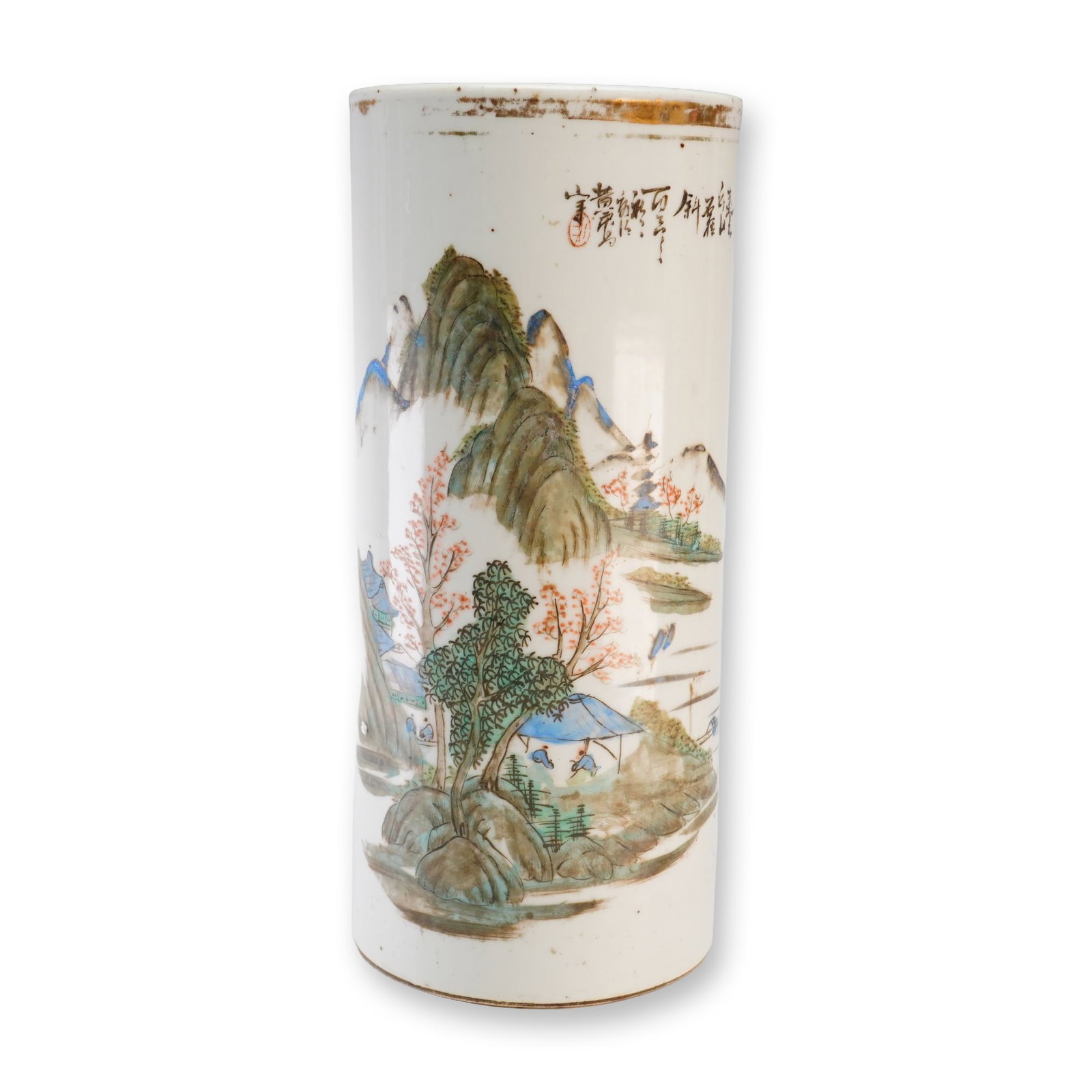 Chinese Famille Rose Porcelain Hat Stand, Landscape, Stamped Mark: A cylindrical Chinese famille rose porcelain hat stand decorated with a landscape illustration of hills, trees, and buildings. The base is stamped with a red seal. Dimensions: 4.75"W x 11"H Weight: 2 