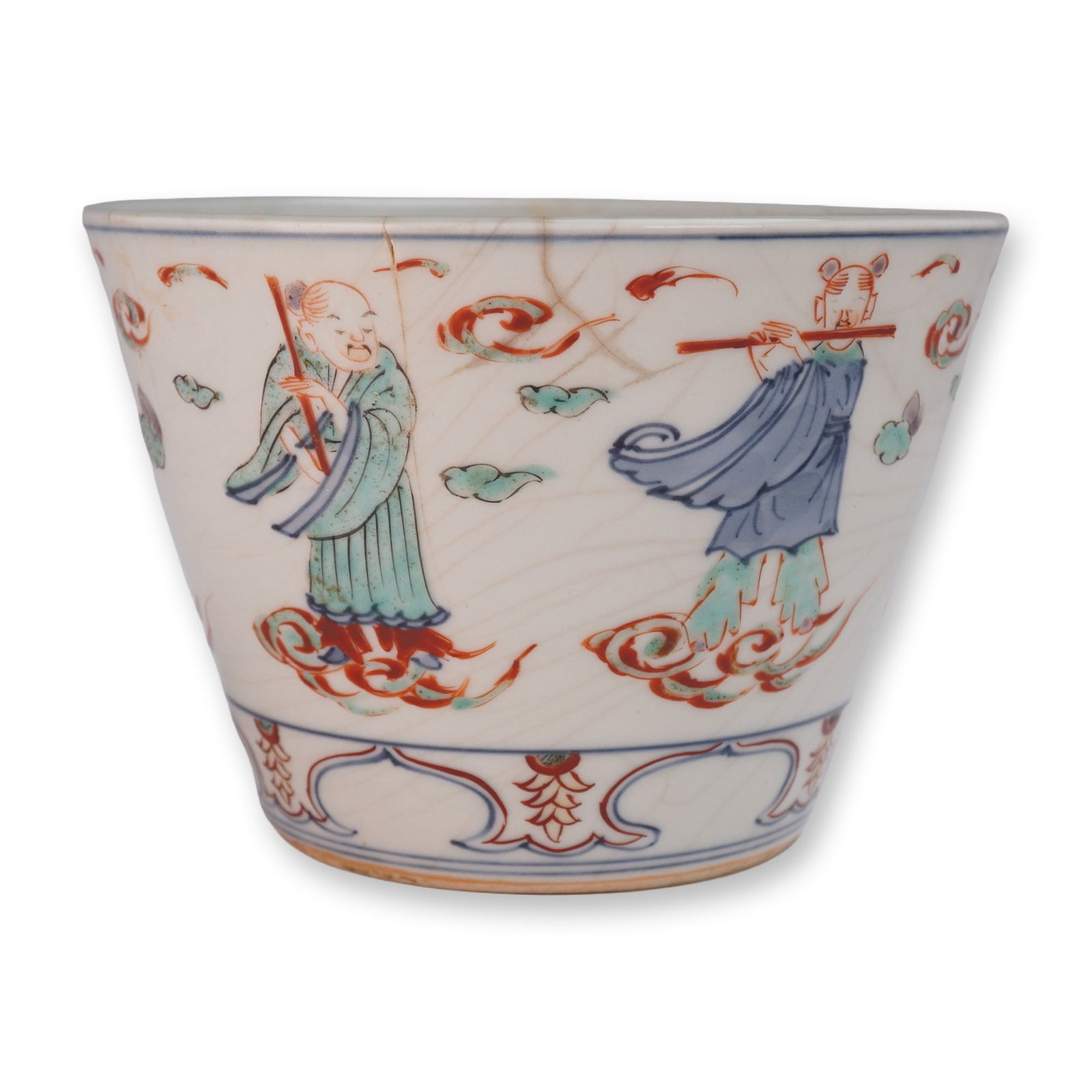 Chinese Ming to Transitional Period Eight Immortals Porcelain Bowl: A small decorated with polychrome overglaze enamels depicting the Eight Immortals amid clouds and swirling motifs. The figures are rendered in detailed robes and dynamic poses, surrounded by auspiciou