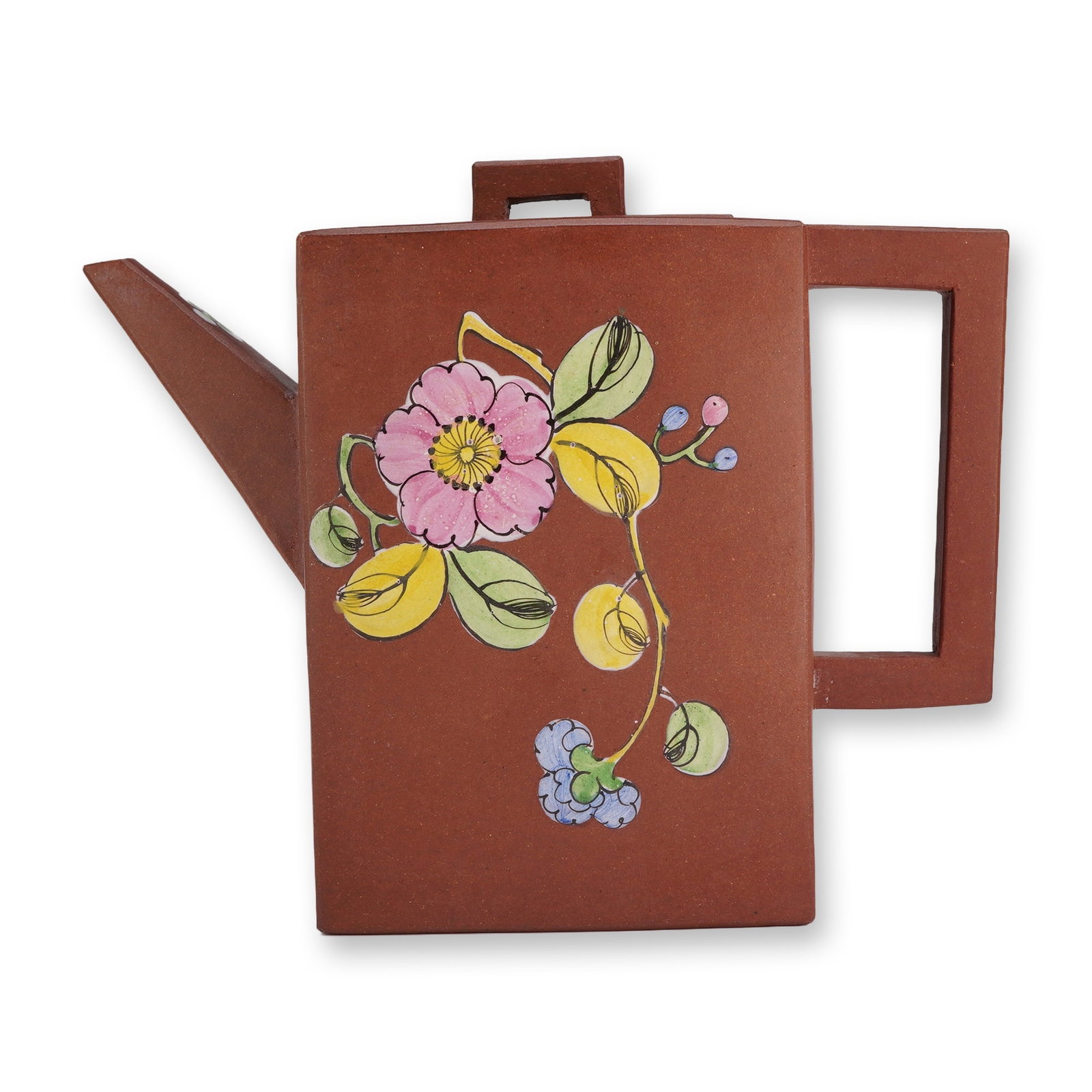 Chinese Yixing Pottery Rectangular Form Teapot, Enamel Flowers (1 of 4)